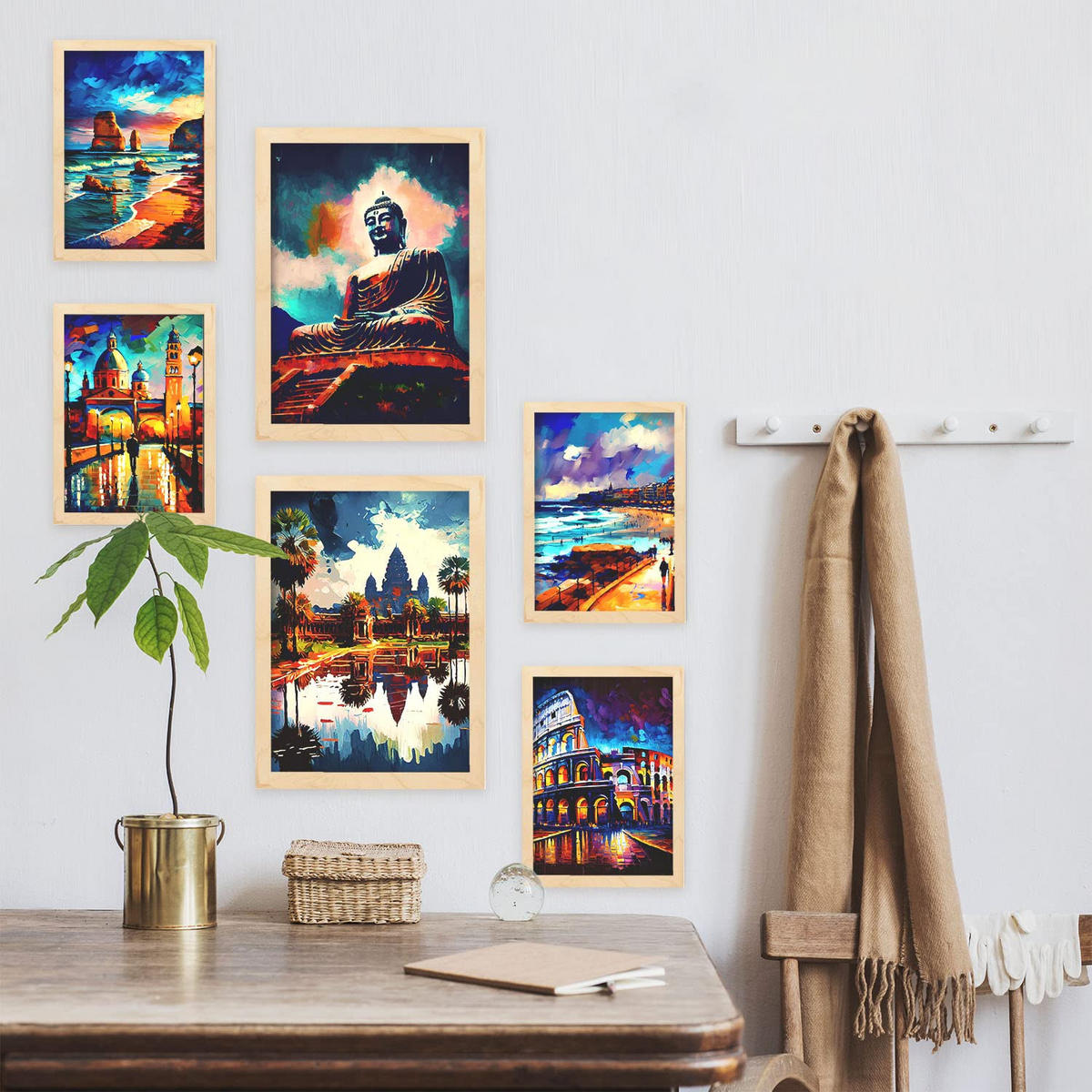 POSTER Set Mit 6 Feuchte Im Ölgemälde Stil A3 & A4 Rahmen Aus Hellem Holz - Beige, Papier (29/3cm) - Nacnic