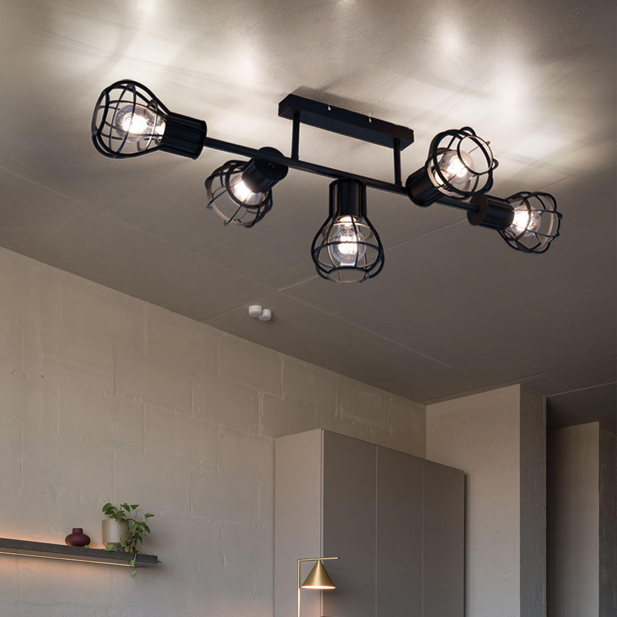 DECKENLEUCHTE Metallgeflecht Schwarz Holz - Schwarz, Metall (90/37/30cm) - Globo Lighting