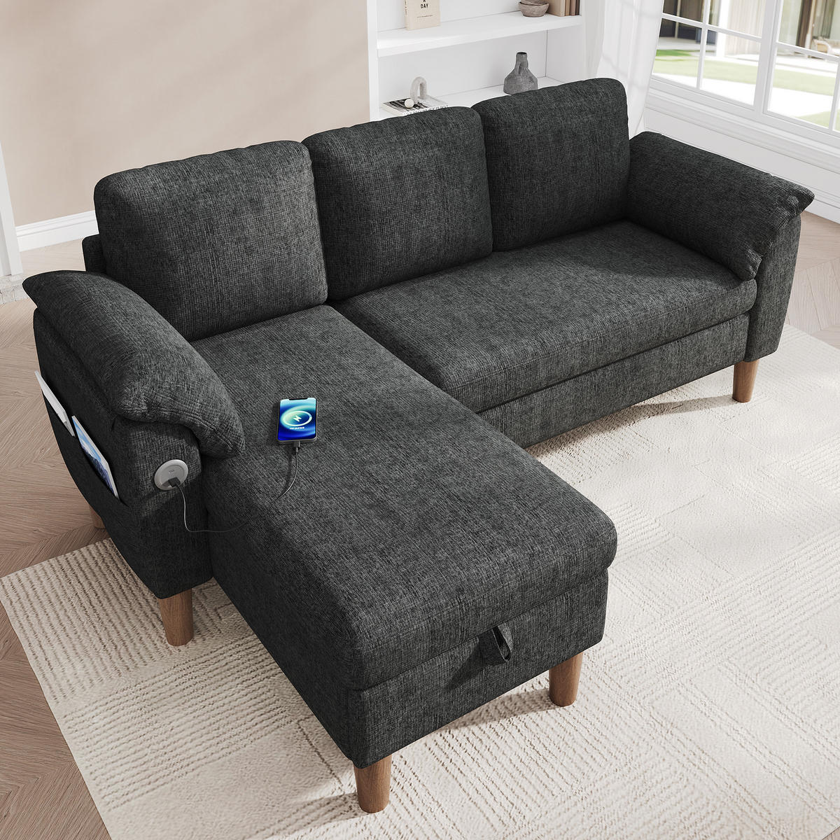 ECKSOFA 181/125/88 cm Dunkelgrau mit Stauraum-Chaiselongue und USB/Type-C-Ladeanschluss - Dunkelgrau, Textil (181/125cm) - Oxeza