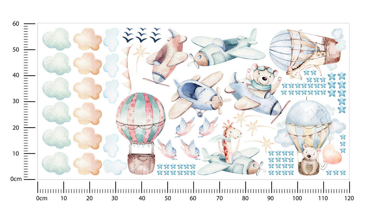 WANDAUFKLEBER SET Wilde Tiere Wolken Flugzeuge Luftballons 120x60 - Beige/Rosa, Papier (120/60/1cm) - Muralo