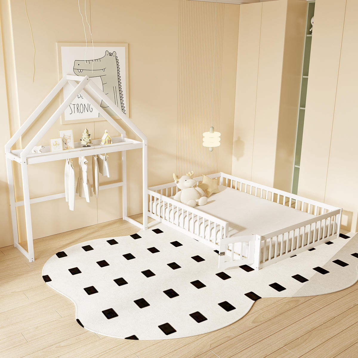 KINDERBETT 140/200 cm aus Holzwerkstoff mit Dach, Stauraum, Tür und Lattenrost, Weiß - Weiß, Holzwerkstoff (140/200cm) - Redom