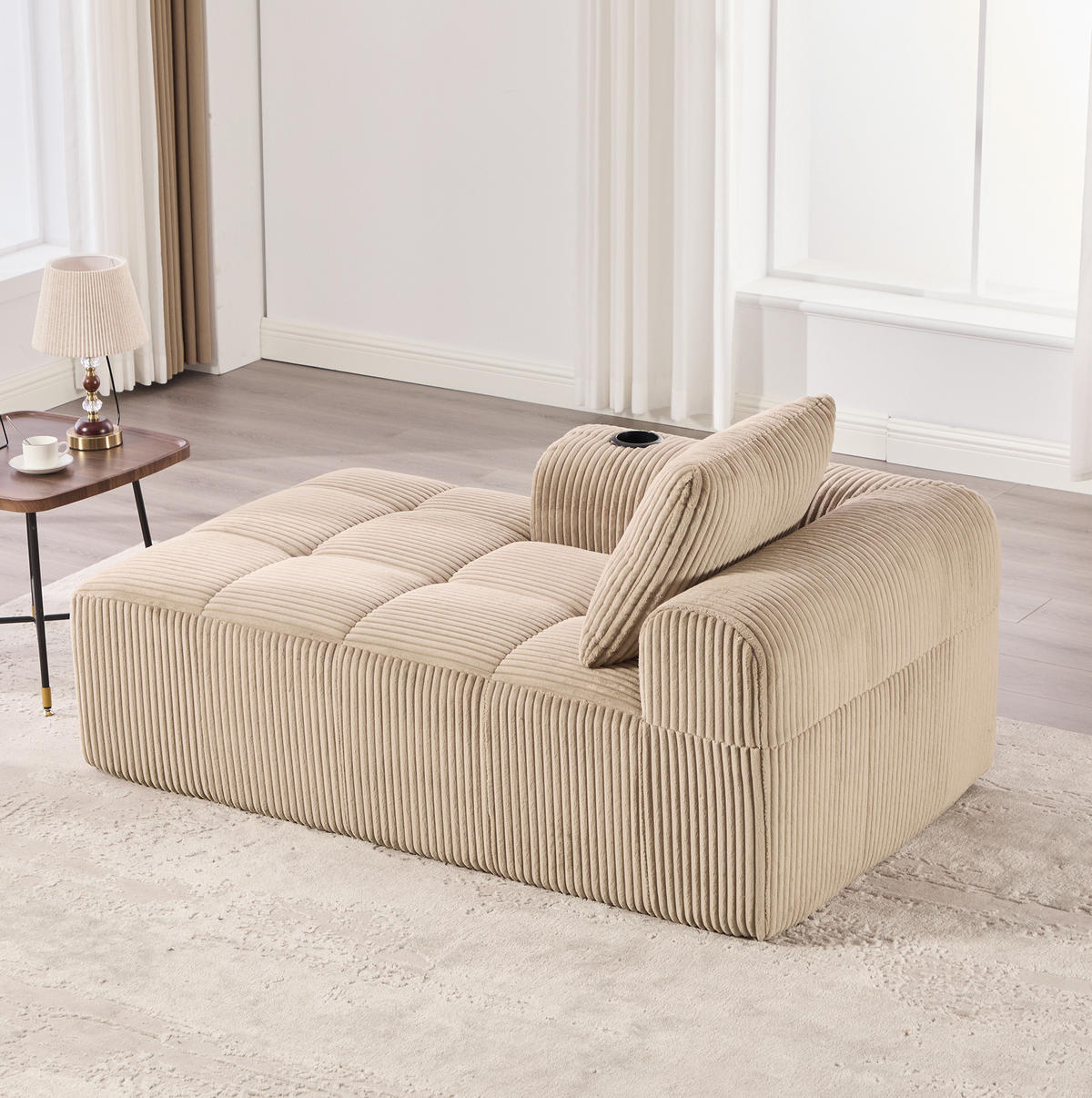 SOFA od samta, 158/93/61 cm kaki, s bočnim džepovima i držačima za piće - boje pijeska, tekstil (93/61/158cm) - BEAOK
