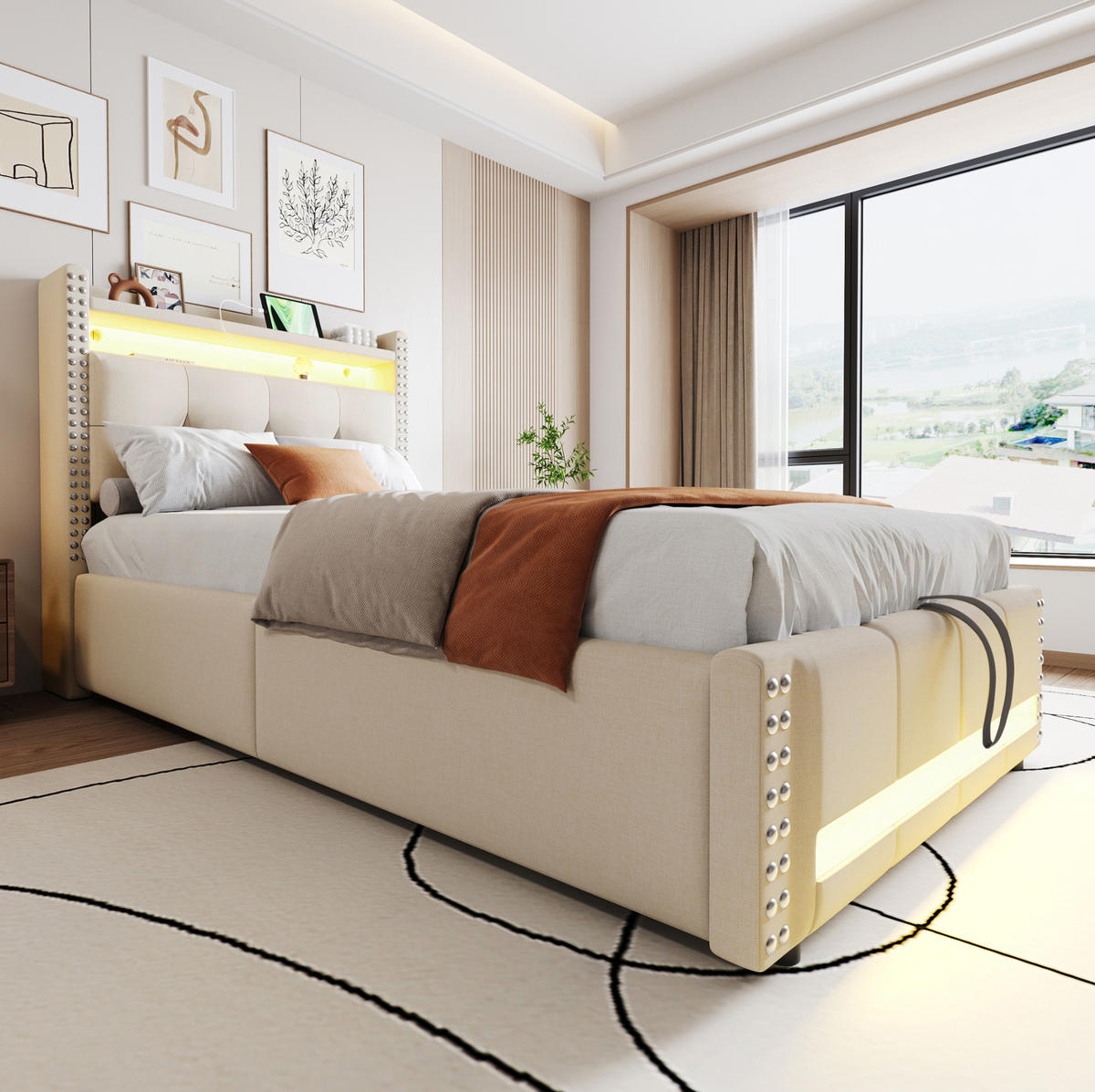 POLSTERBETT 90/200 cm Beige mit Stauraum, LED-Beleuchtung und USB-Anschluss - Beige, Textil (90/200cm) - Flora Grace