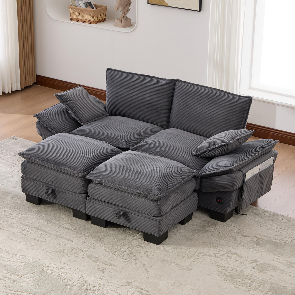 2-SITZER SOFA Cord Dunkelgrau mit 2 Hocker, USB-C und Seitentaschen - Dunkelgrau, Holzwerkstoff/Kunststoff (190/84/132cm) - WISHDOR