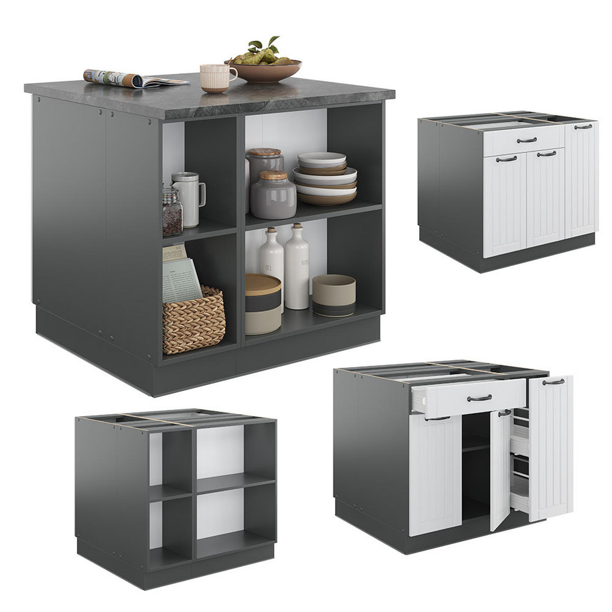 KÜCHENINSEL Fame-Line Weiß Landhaus/Anthrazit 90 cm mit Schublade ohne AP - Anthrazit/Creme, Holzwerkstoff (90/82/60cm) - Vicco