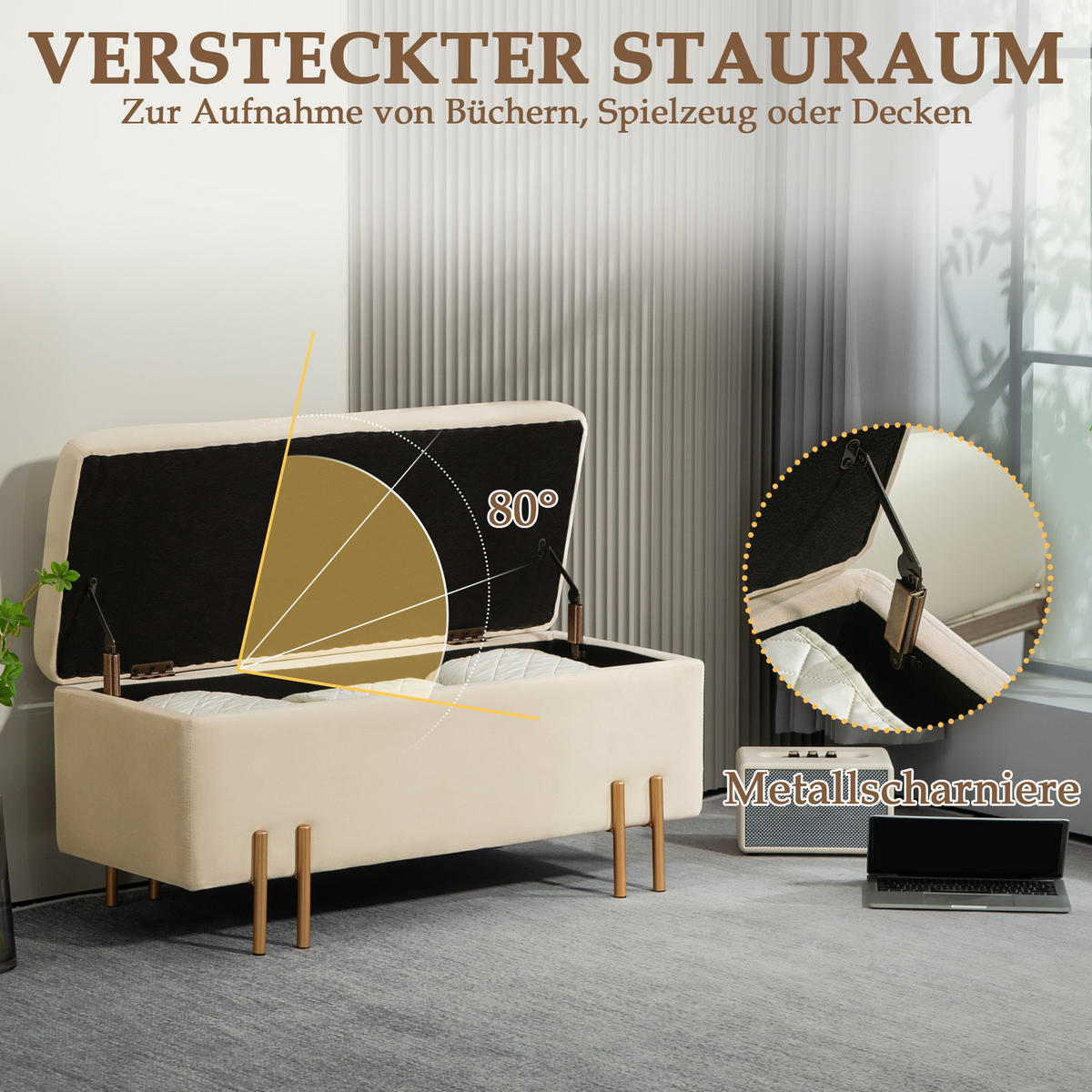 TRUHENBANK mit Samtoptik, Metallbeine 100x40x42 cm, Beige - Beige, Textil (40/42/100cm) - HOMCOM