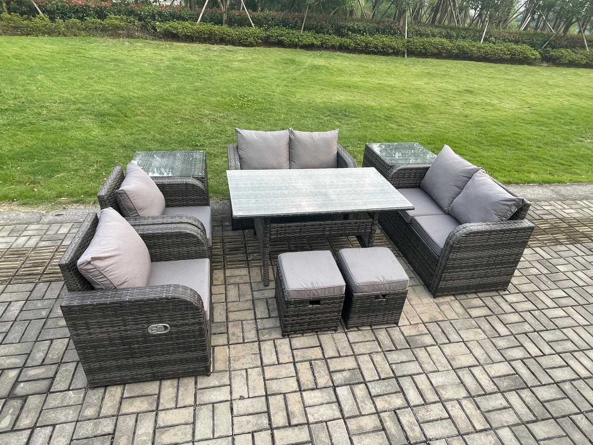 Gartenmöbelset mit Esstisch,Beistelltisch Polyrattan Dunkelgrau 8-Sitzer - Dunkelgrau/Grau, Glas/Kunststoff - Fimous