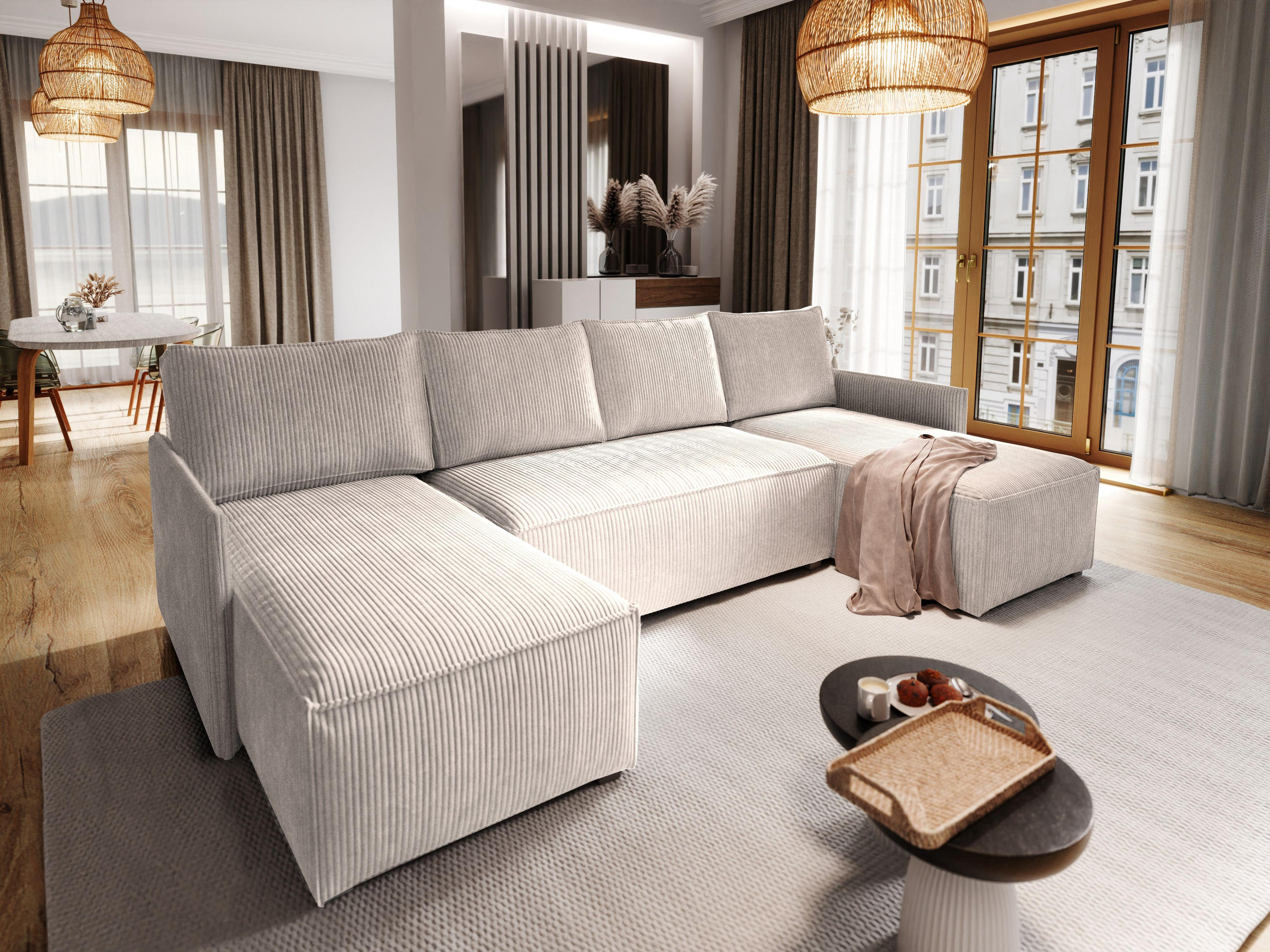 WOHNLANDSCHAFT TRES Creme Kordstoff mit Schlaffunktion - Creme, Holz (271/85/140cm) - MASSENO