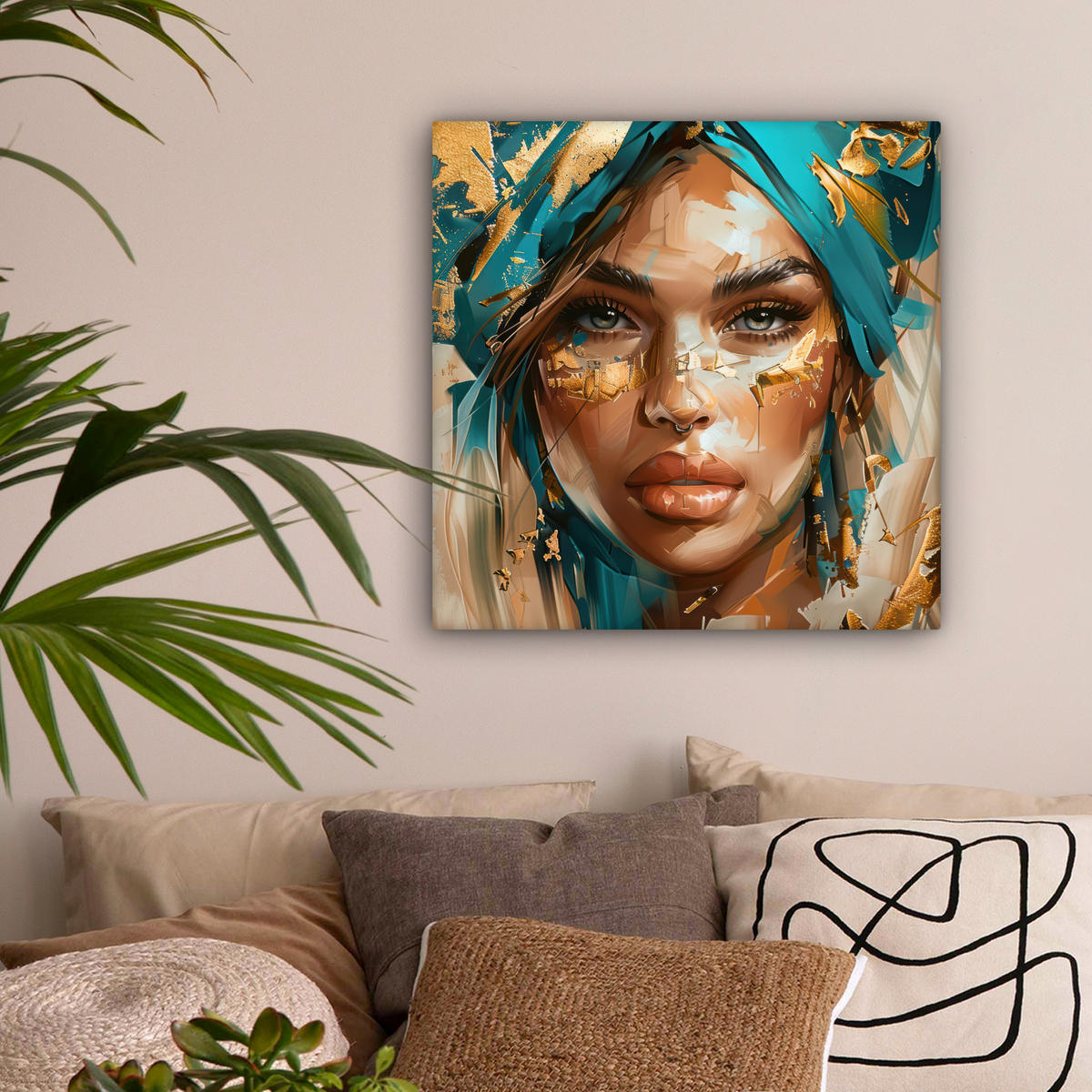 OBRAZ NA PLÁTNE Žena - Portrét - Zlato - Luxus - Modrá 50x50 cm - tyrkysová, textil (50/50cm) - MuchoWow