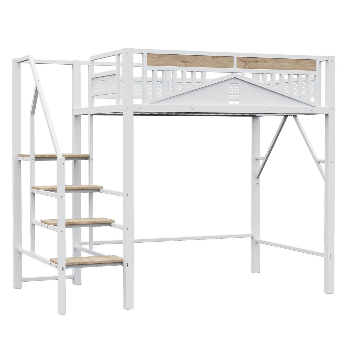 HOCHBETT 140/200 cm Weiß mit Sicherheitsleiter und Stauraum mit Matratze - Weiß, Metall (140/200cm) - OKWISH