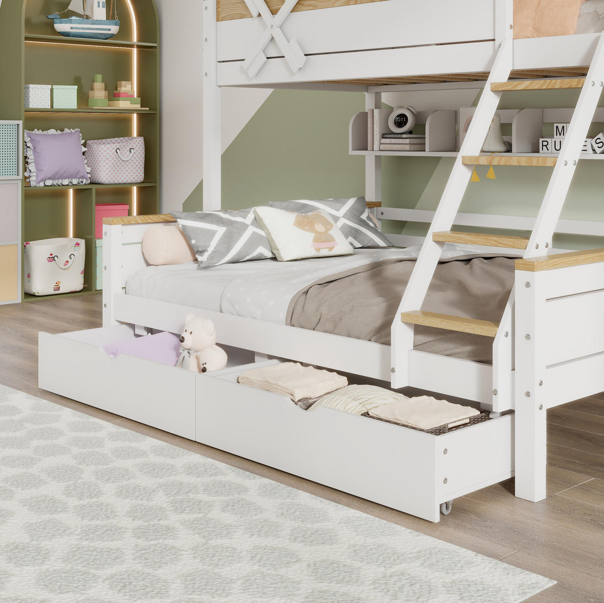 ETAGENBETT 90/200 & 140/200 cm aus Kiefer und MDF mit Windmühle, Regalen und Schubladen Weiß/Natur - Weiß, Holzwerkstoff (90/200cm) - Modenvie