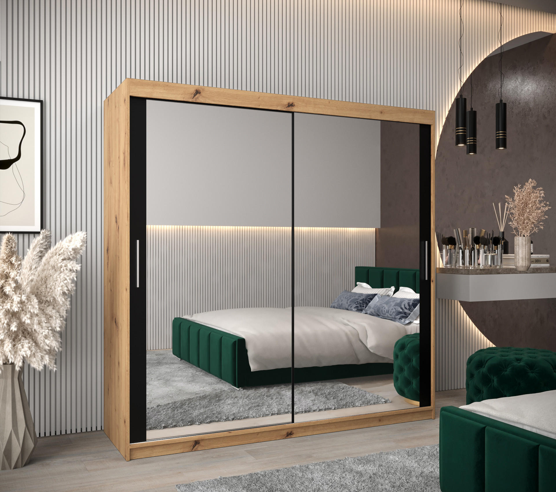 SCHWEBETÜRENSCHRANK 200/200/62 2-türig - Silberfarben/Schwarz, Holz/Kunststoff (200/200/62cm) - Abiks Möbel