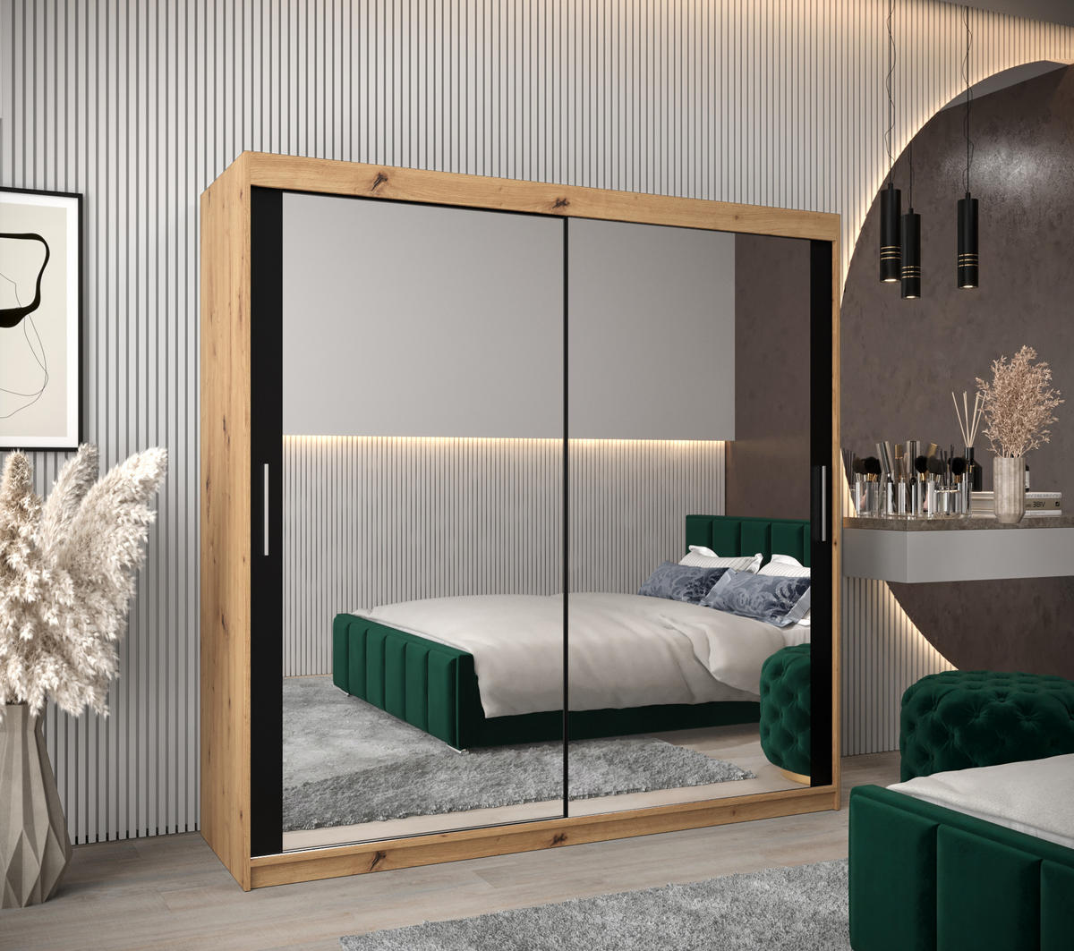 SCHWEBETÜRENSCHRANK 200/200/62 2-türig - Silberfarben/Schwarz, Holz/Kunststoff (200/200/62cm) - Abiks Möbel