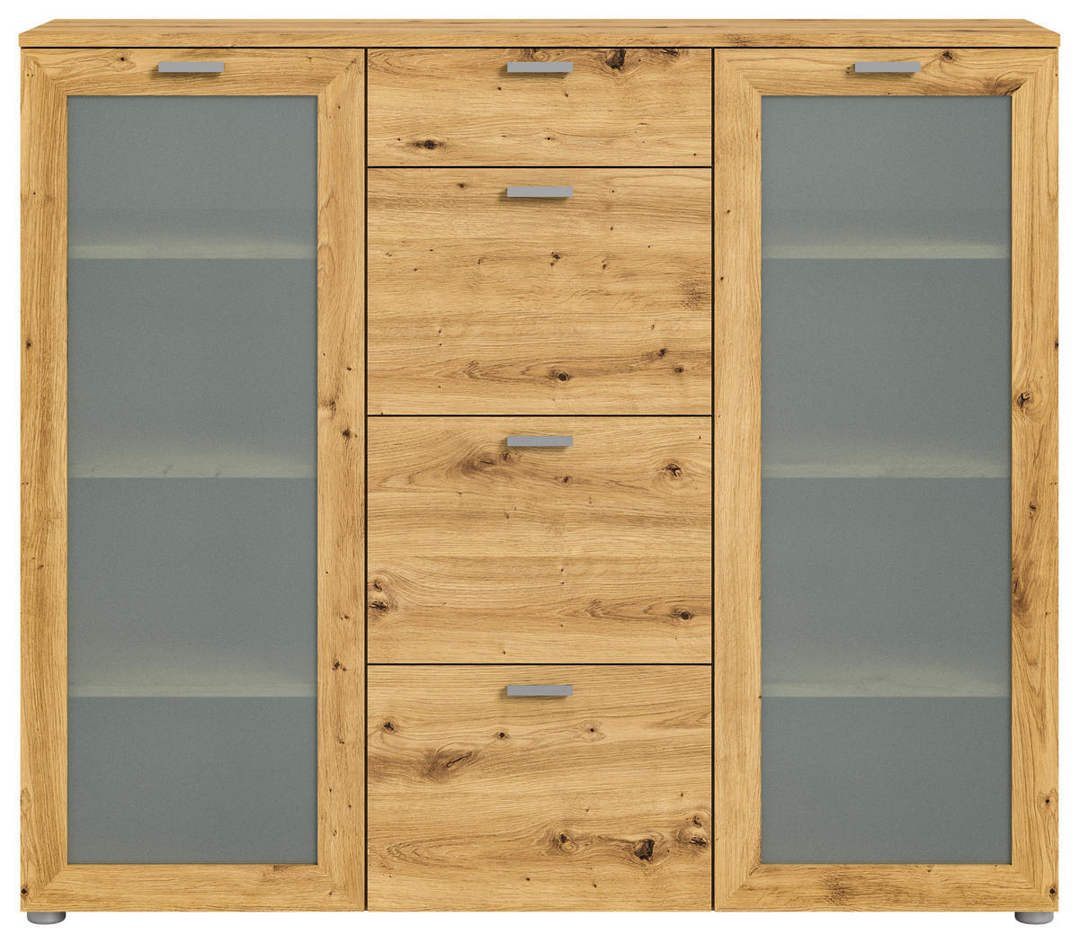 HIGHBOARD Eiche Artisan 135 cm, 2 Türen mit Glaselement - Silberfarben/Eiche Artisan, Glas/Holzwerkstoff (135/115/37cm) - Inn.Furn