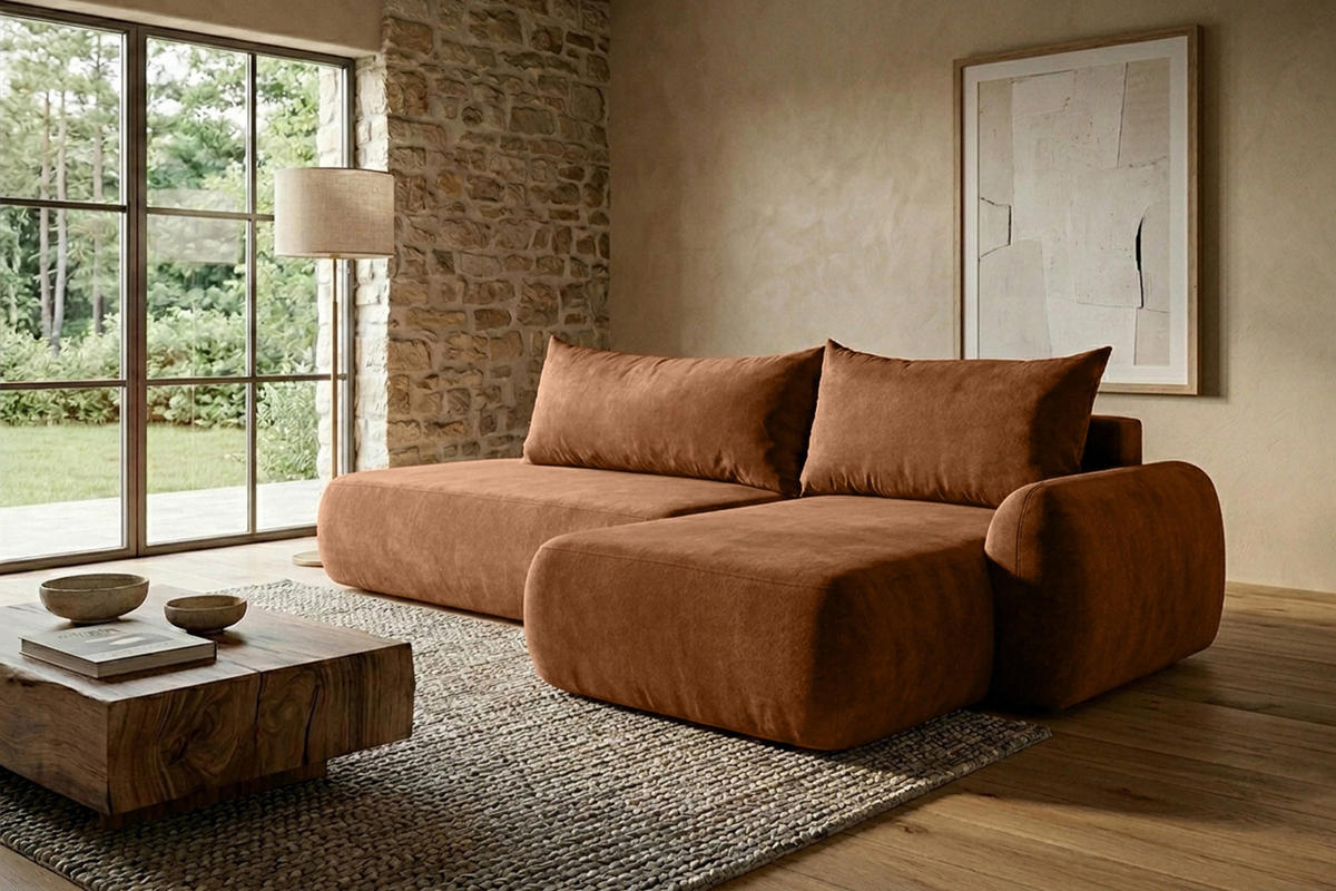 ECKSOFA Mit Schlaffunktion Und Bettkasten, Velvet-Stoff Vena, Honigfarbe, Rechts, HELA I - Honig, Holz (302/184cm) - Kaiser Möbel