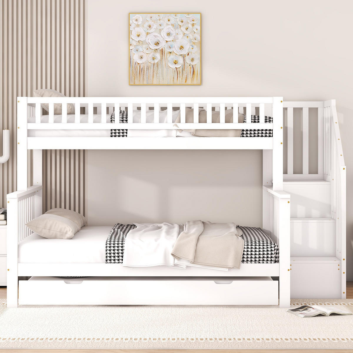 ETAGENBETT 90/200 und 140/200 cm Weiß mit Rollbett und Treppe Ohne Matratze - Weiß, Holz (90/200cm) - OKWISH