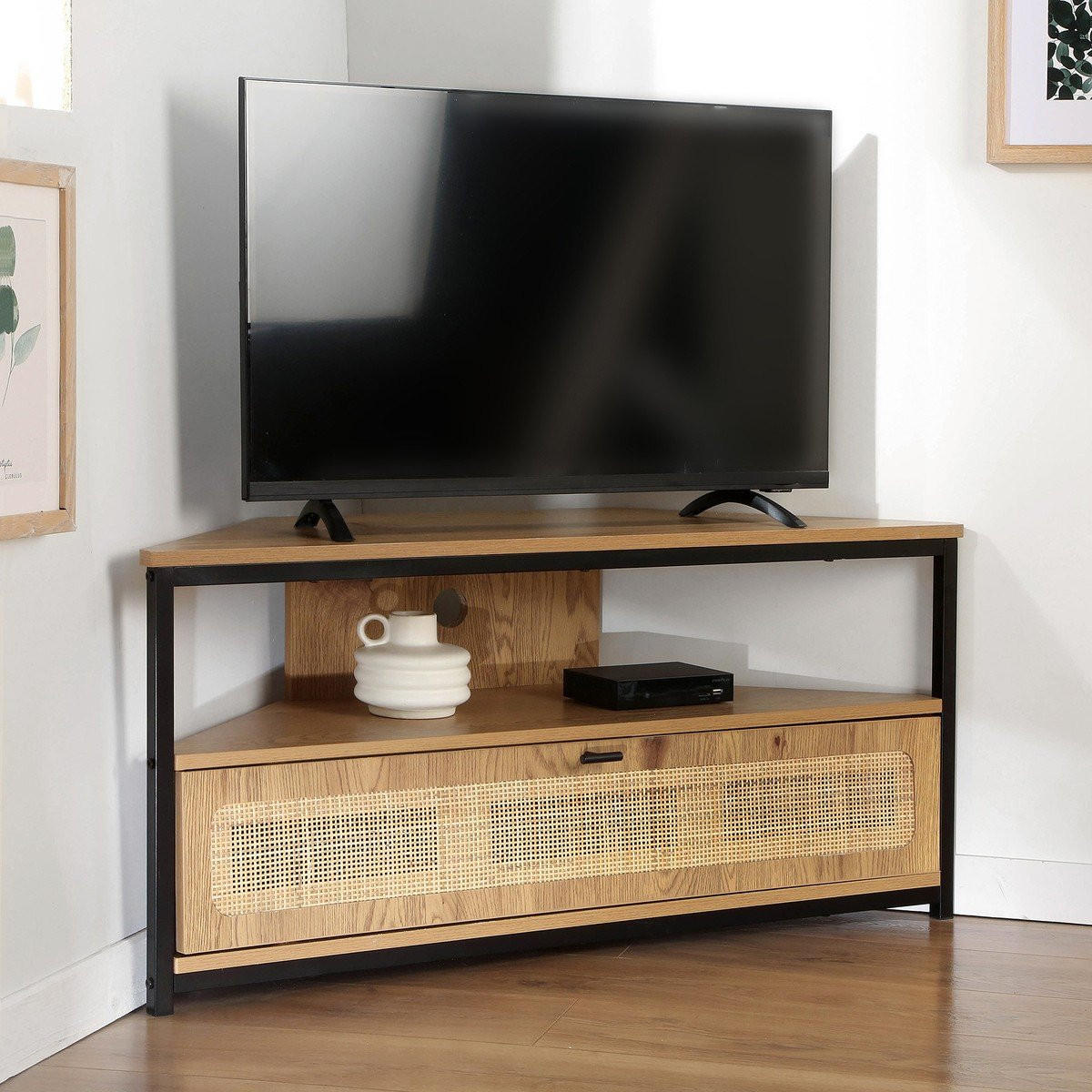 ROHOVÁ TV skříňka s 1 dvířky a ratanovým závěsem, šířka 100 cm - JAYA - jabloňová, kompozitní dřevo (30/45/100cm) - Calicosy