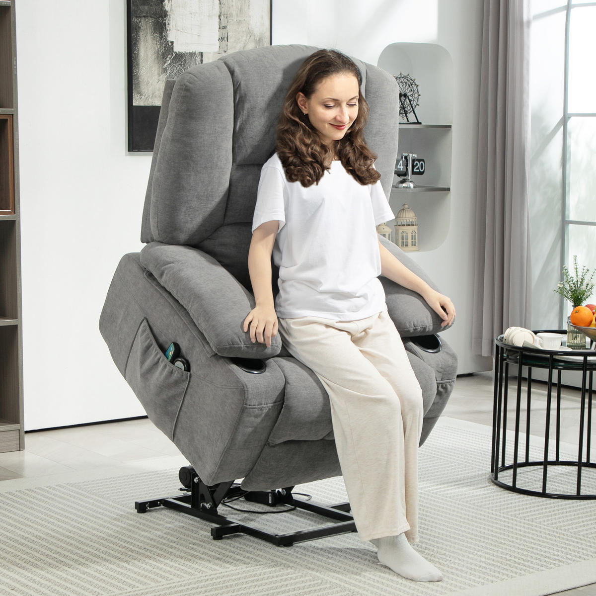 SESSEL 97/90/102 cm in Dunkelgrau mit Aufstehhilfe und Massagefunktion - Dunkelgrau, Textil (90/102/97cm) - Flora Grace