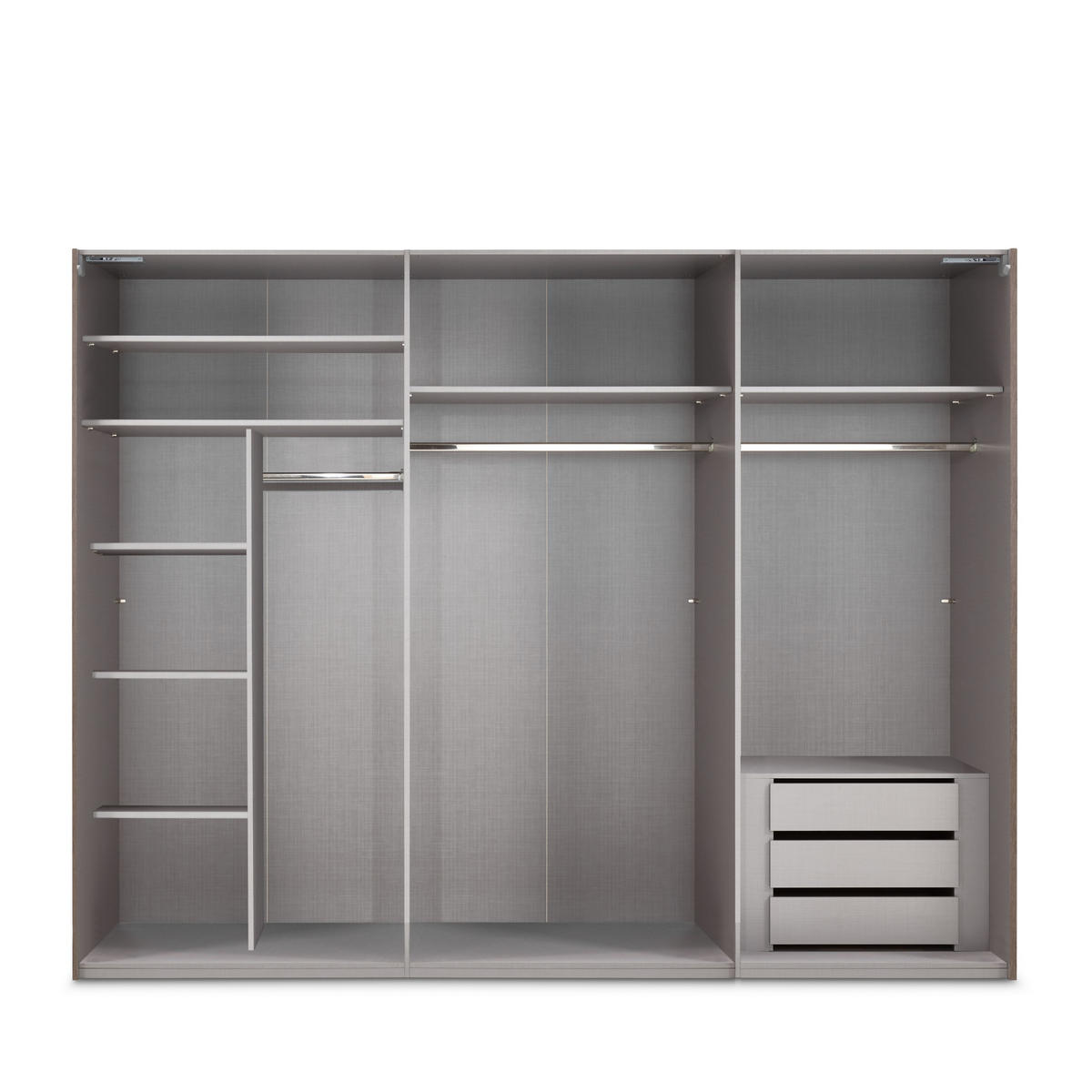 SCHWEBETÜRENSCHRANK 3-türig B300/H216/T65 cm in Sandgrau, eine Spiegeltür, Kleiderschrank inkl. Vollausstattung / 22020 - Sandfarben/Rot, Holzwerkstoff/Metall (300/216/65cm) - luma-home