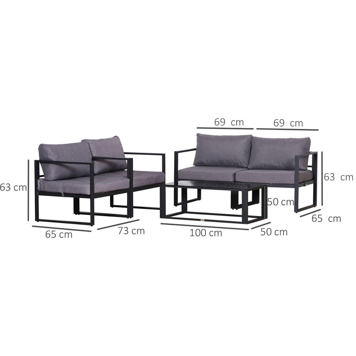 GARTENSET aus Aluminium 138x69x63 cm Grau mit verstellbarer Kombination und Tisch mit ESG-Glasplatte - Grau, Metall - Modfu