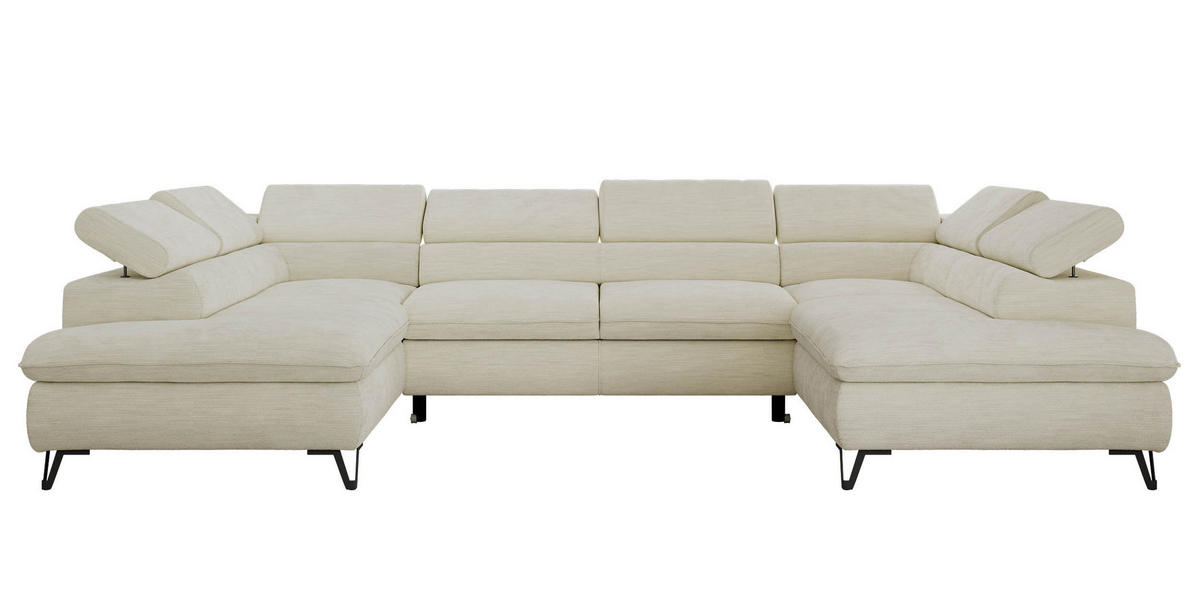 WOHNLANDSCHAFT PABLO U Schenille glatt Creme mit Topper T25 - Creme/Schwarz, Textil/Metall (346/76/208cm) - MKS