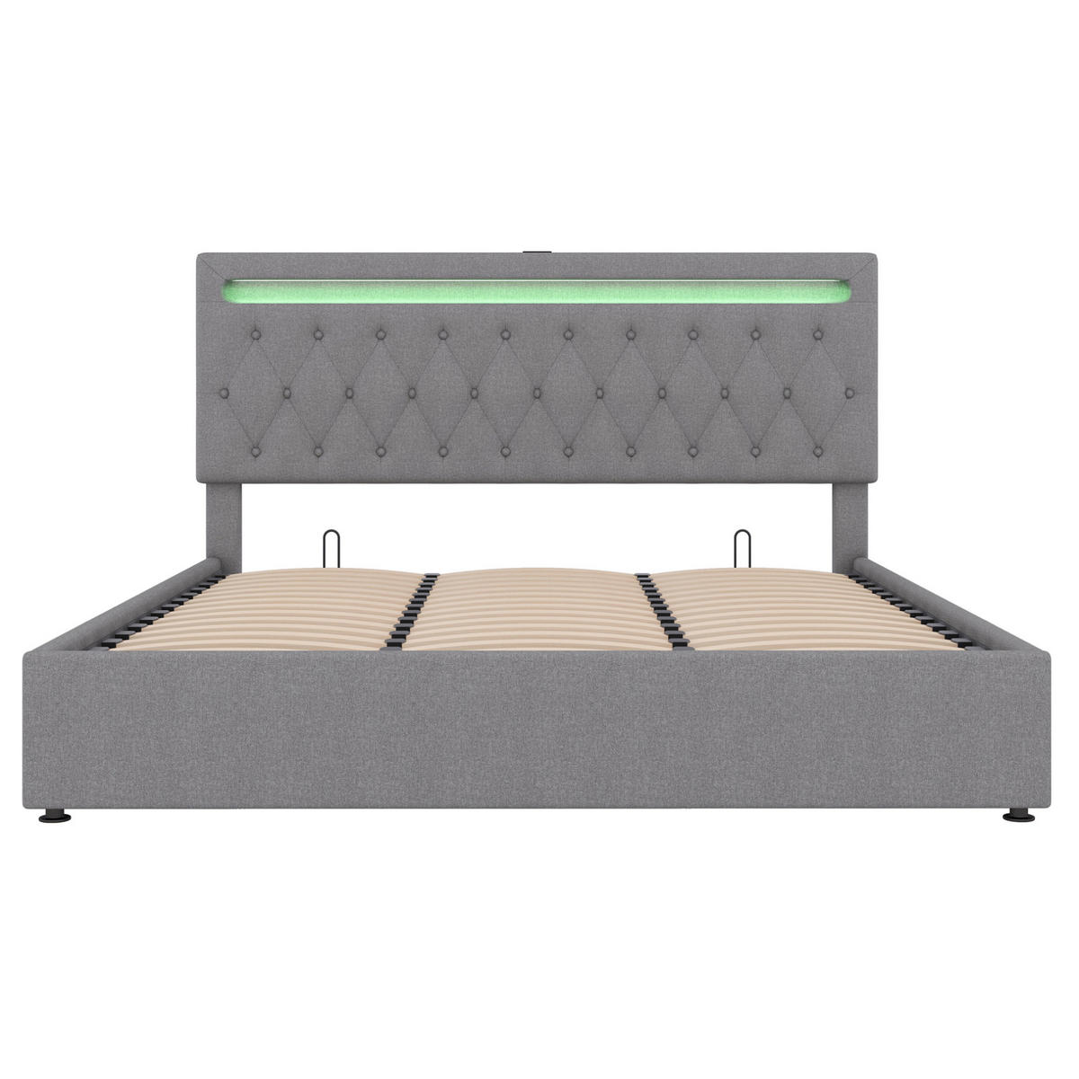 BETT mit Stauraum 180x200 cm Leinen Grau 2 USB-Anschlüsse - Grau, Metall (180/200cm) - Meubliv