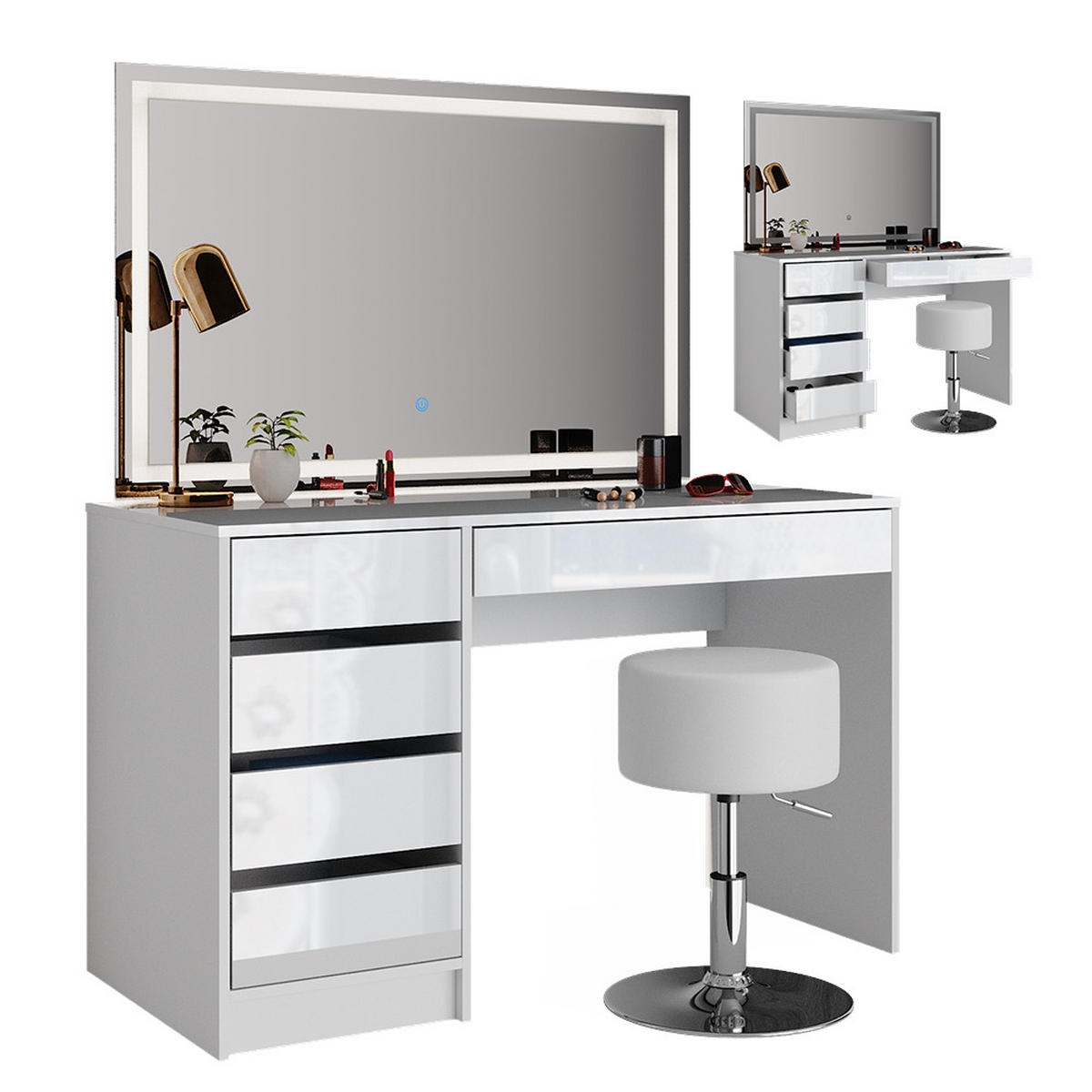 SCHMINKTISCH Sherry Weiß 120 cm mit LED-Spiegel und Hocker - Weiß, Holzwerkstoff (120/75/55cm) - Vicco