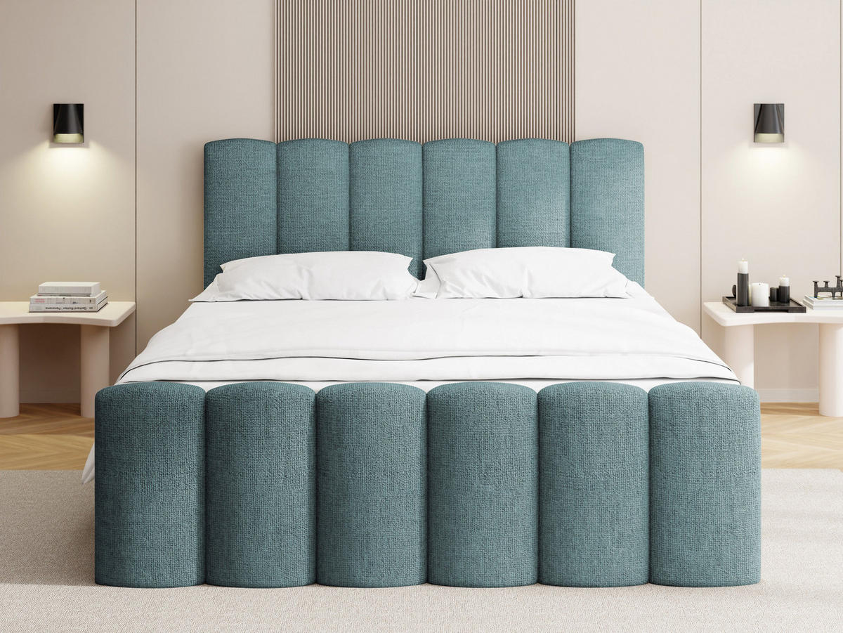 BOXBETT Serenity mit Bettkasten, Türkis Chenille 160x200 cm – inkl. H4 Taschenfederkern Matratze & Foam Topper - Türkis/Schwarz, Holz/Holzwerkstoff (160/200cm) - WFL GROUP