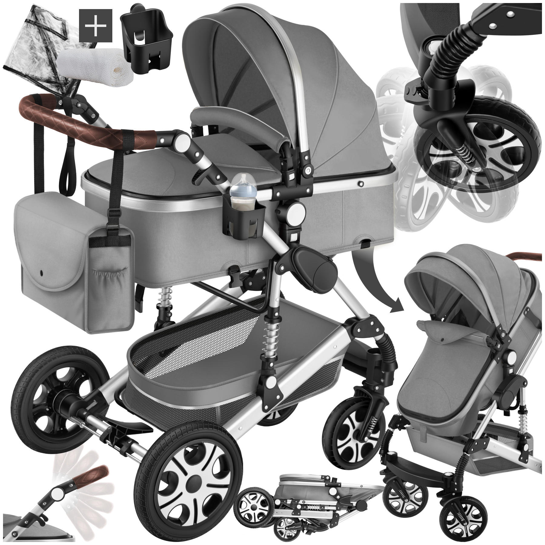 KOMBI-KINDERWAGEN Mats,für 0 bis 36 Monate geeignet, Belastbarkeit 15 kg,grau - Grau, Kunststoff (100/63/120cm) - tectake