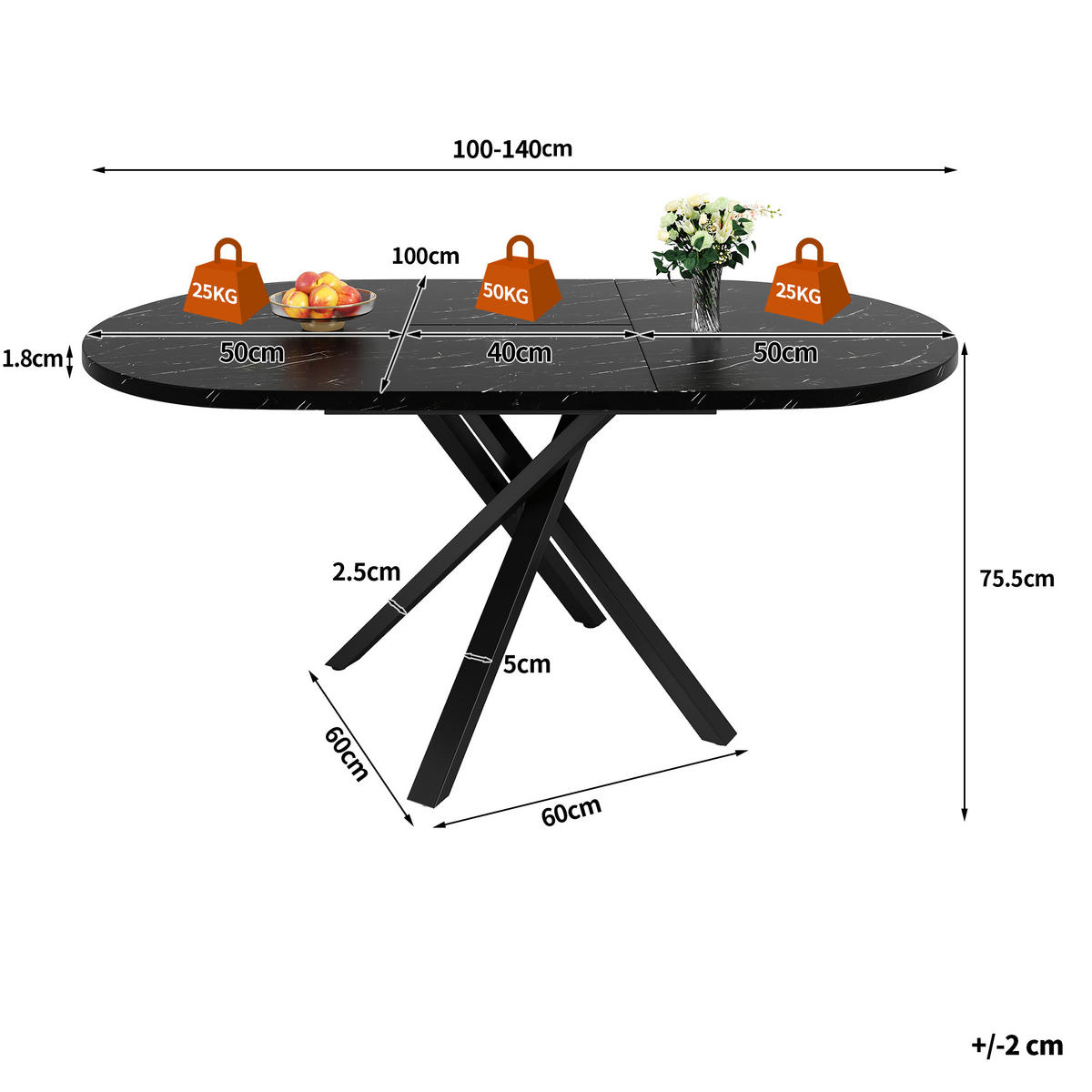 ESSTISCH Ausziehbar 100-140cm Marmor Schwarz X Gestell - Schwarz, Metall (100/100/75.5cm) - FLIEKS