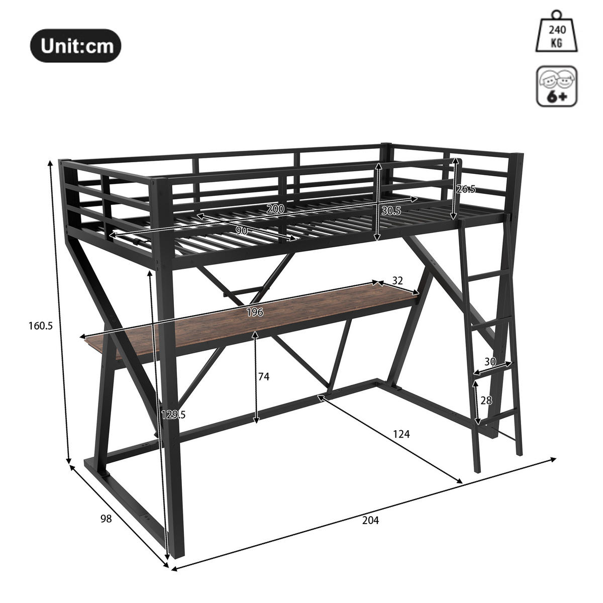 HOCHBETT 90/200 cm aus Metall mit Schreibtisch und LED-Beleuchtung - Schwarz, Metall (90/200cm) - Flora Grace