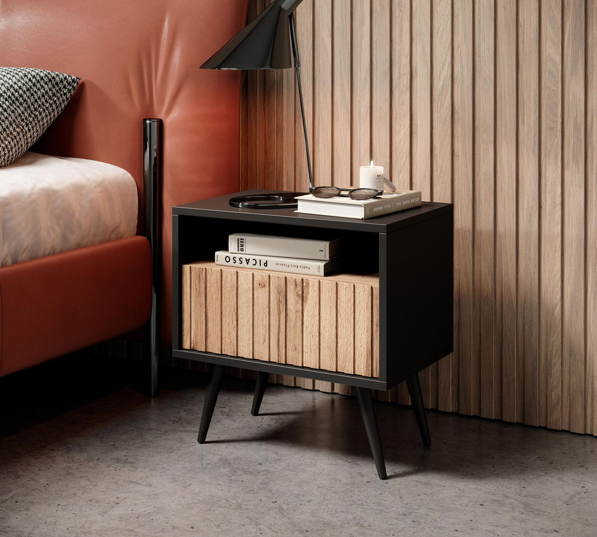NACHTSCHRANK Bello Schwarz / Wotan-Eiche 47 cm - Schwarz, Holzwerkstoff/Metall (47/48/31.3cm) - Selsey