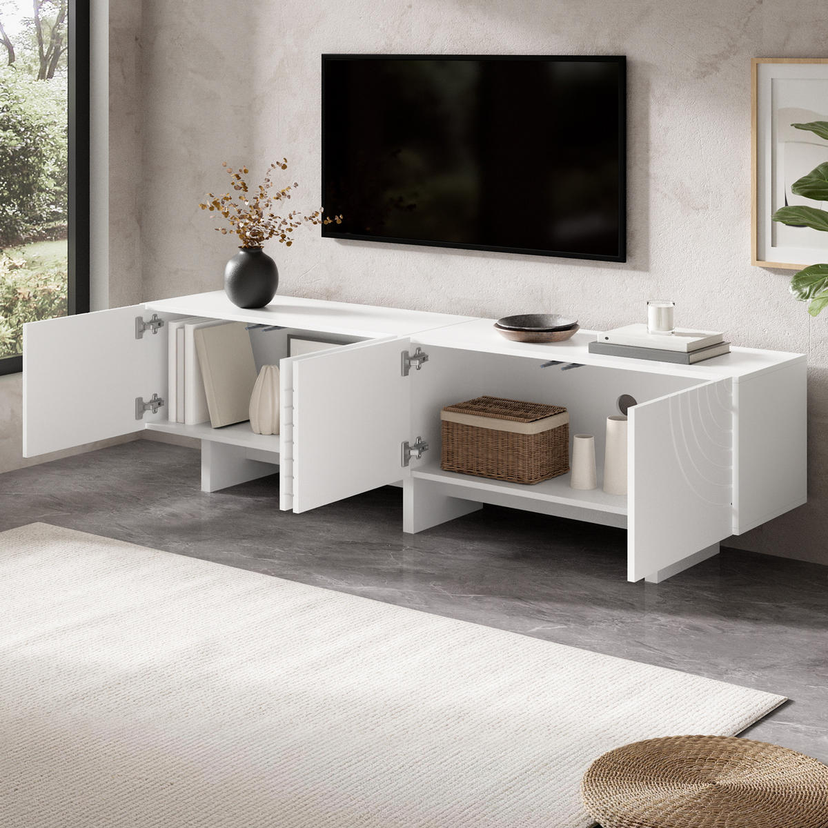 TV-ELEMENTTV Schrank Weiß 170x35x50cmModernes Lowboard 4 Türen geometrisches Bogenmuster - Weiß, Holz (48.01/18.29/96.01cm) - Raelunyi