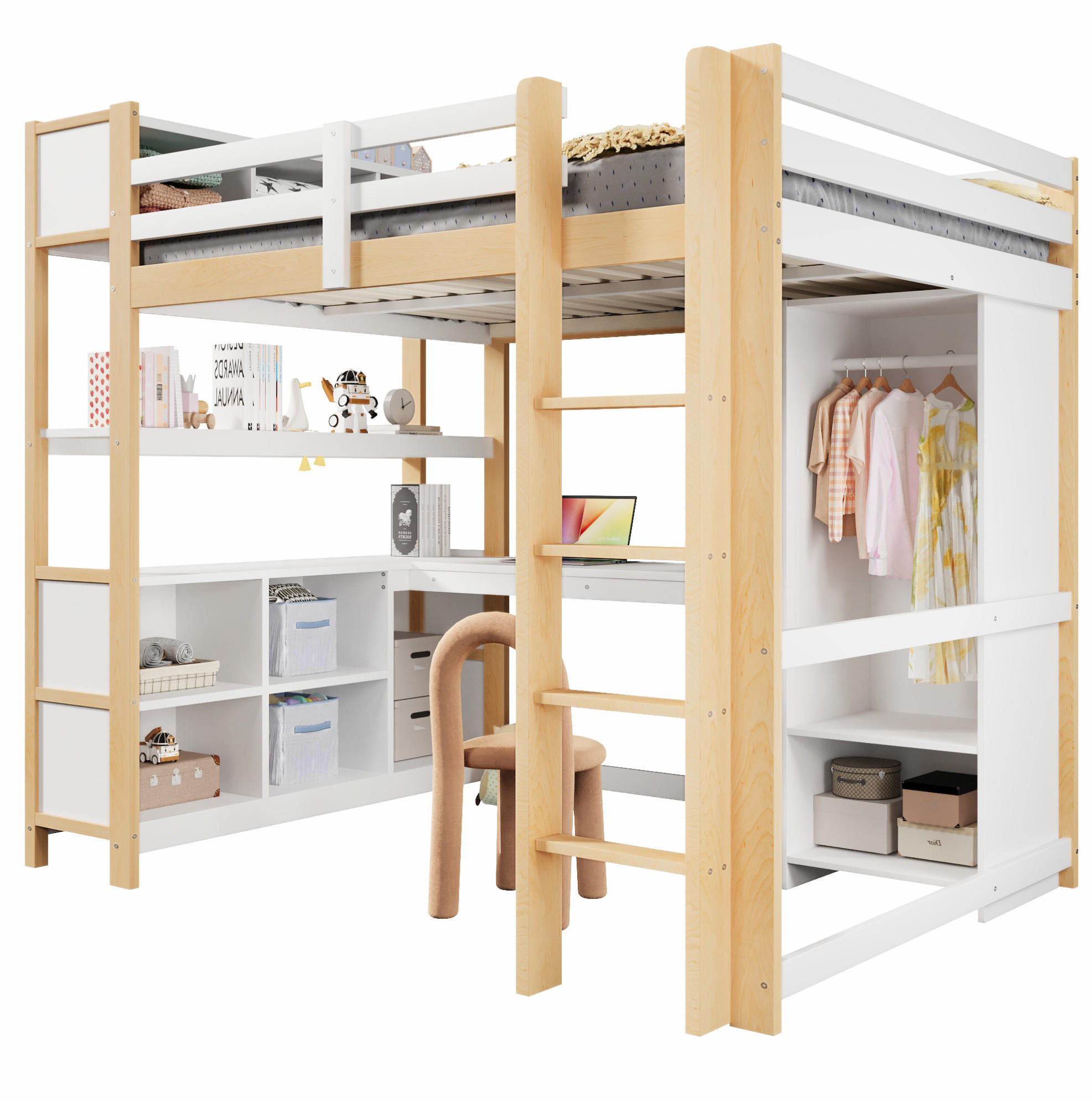 HOCHBETT 140/200 cm aus Kiefernholz mit Schreibtisch, Regalen und Kleiderschrank Natur - Naturfarben, Holz (140/200cm) - Modenvie