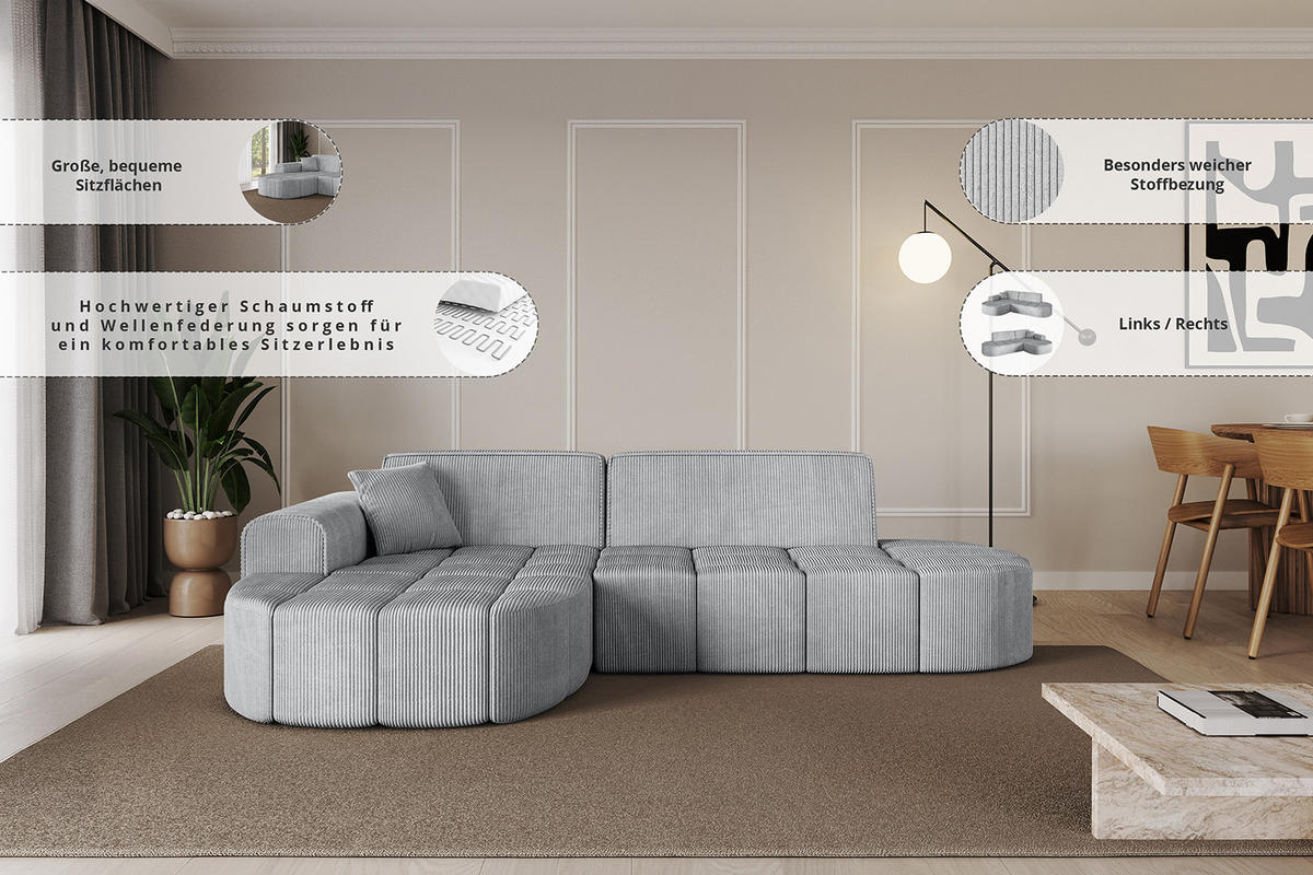 ECKSOFA Ottomane Links LIVO-L1 - 252x173x79,5 cm Grün - Grün, Holzwerkstoff/Textil (252/173cm) - ALTDECOR