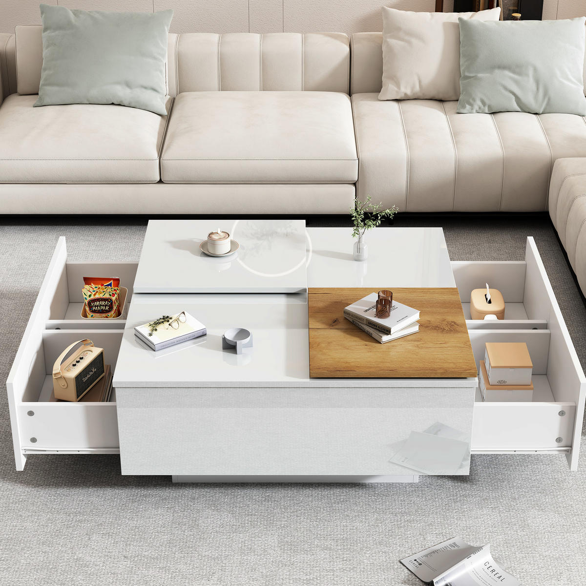 COUCHTISCH mit 4 Schubladen 75x75 cm Hochglanz White - Weiß, Holzwerkstoff (75/75/33.5cm) - Meubliv