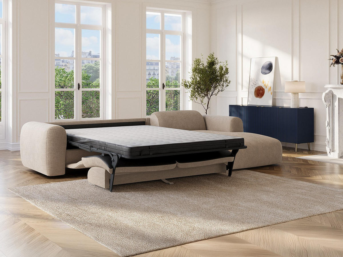 ECKSOFA mit Schlaffunktion - Ecke rechts - Cord fein gerippt - Beige - POGNI - Beige, Textil (299/165cm) - Vente-Unique