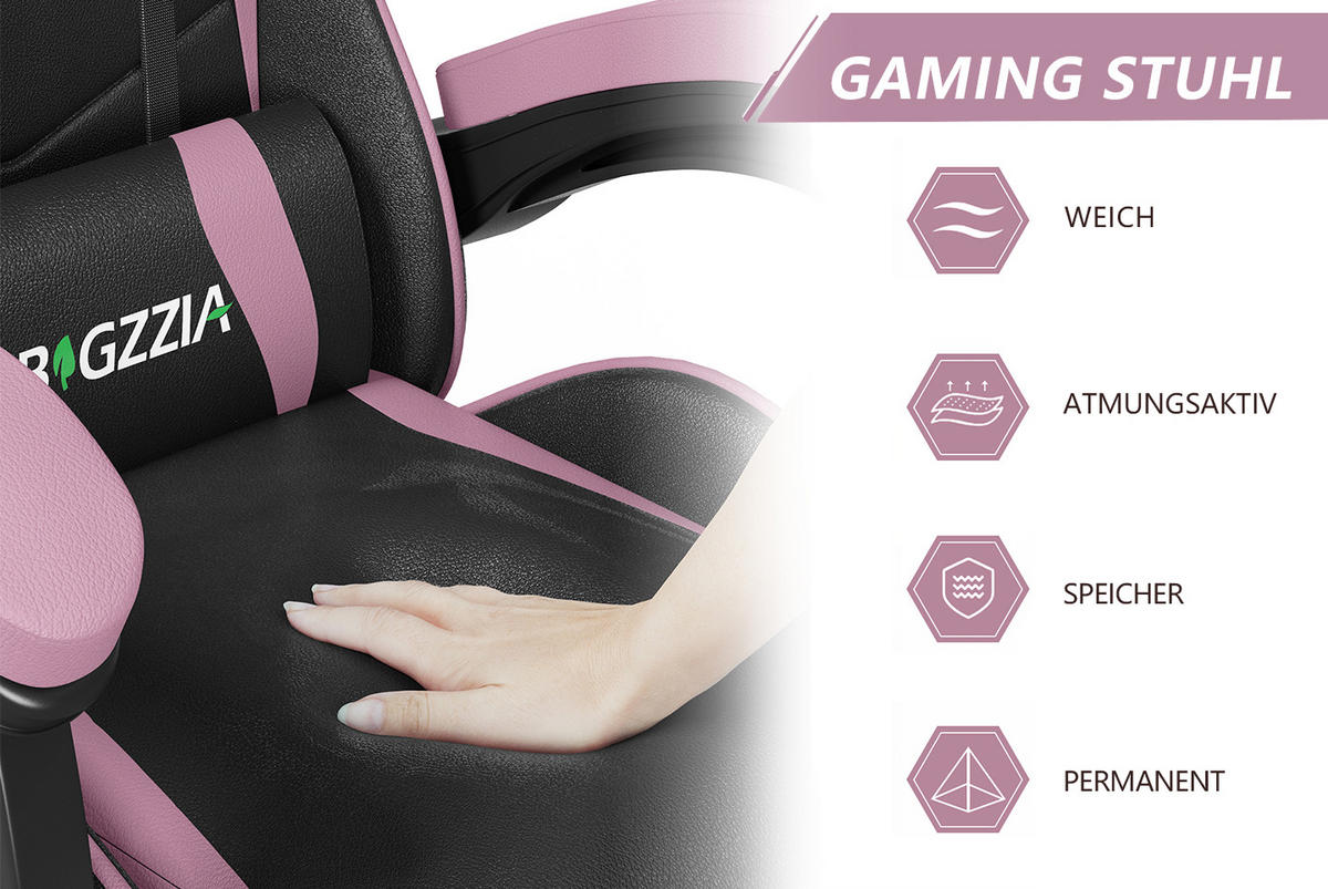GAMING-STUHL ergonomisch, verstellbare Rückenlehne, Kissen – Schwarz/Pink - Pink, Leder (59/120/56cm) - Rattantree