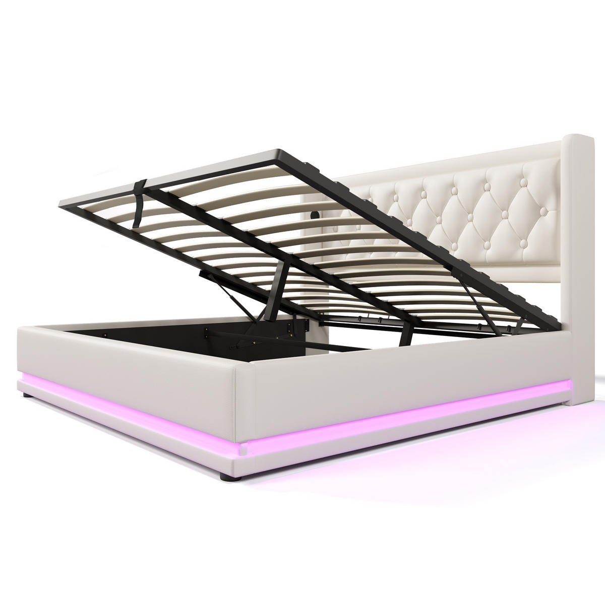 BETT mit Stauraum, LED und USB Typ-C 160x200 cm PU Weiß - Weiß, Metall (160/200cm) - Meubliv