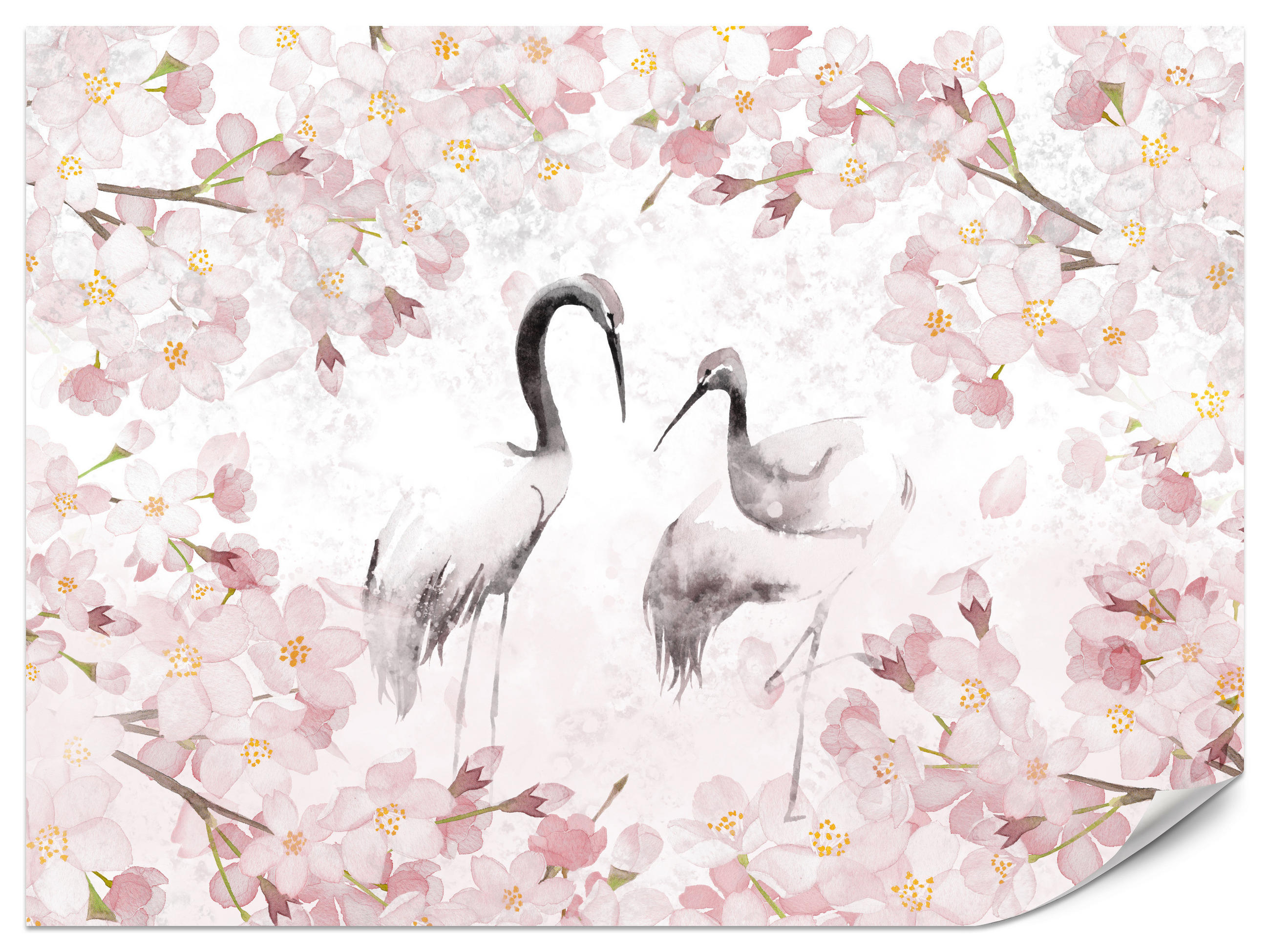 FOTOTAPETE für Schlafzimmer Kraniche Kirschblüten Aquarell Natur Rosa Vintage Blüten 450x315 - Beige/Rosa, Papier (450/315cm) - Muralo