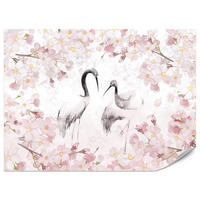 FOTOTAPETE für Schlafzimmer Kraniche Kirschblüten Aquarell Natur Rosa Vintage Blüten 150x105 - Beige/Rosa, Papier (150/105cm) - Muralo