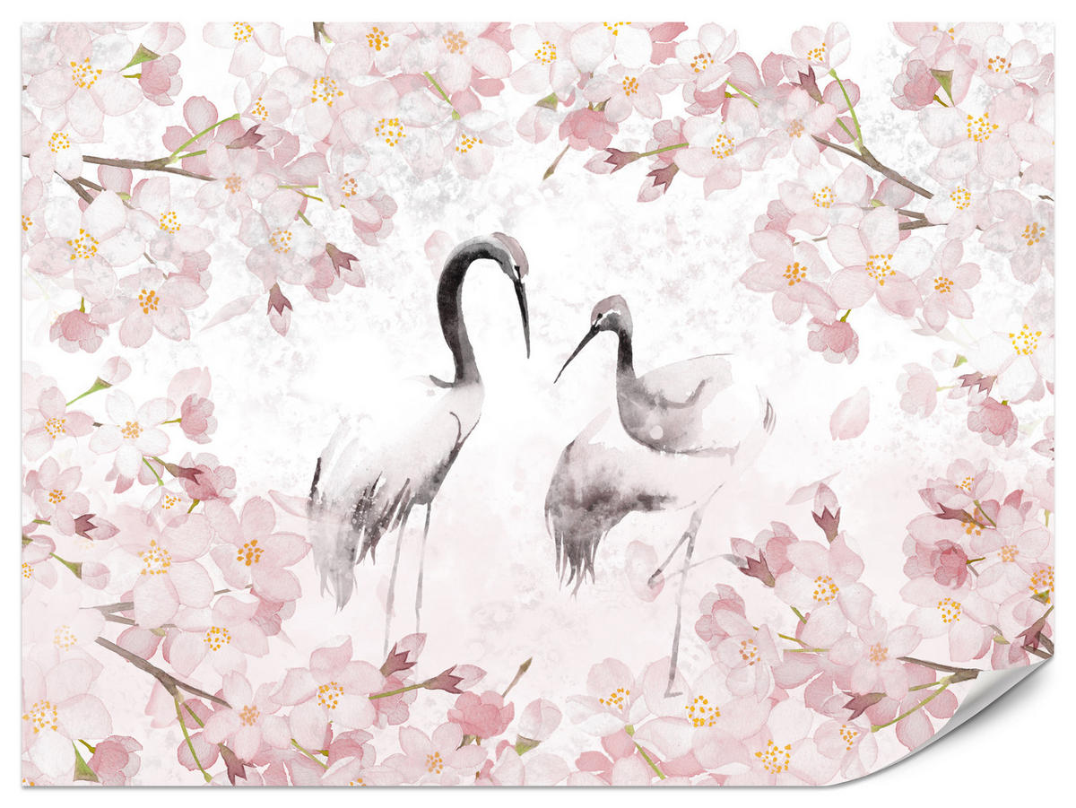 FOTOTAPETE für Schlafzimmer Kraniche Kirschblüten Aquarell Natur Rosa Vintage Blüten 150x105 - Beige/Rosa, Papier (150/105cm) - Muralo