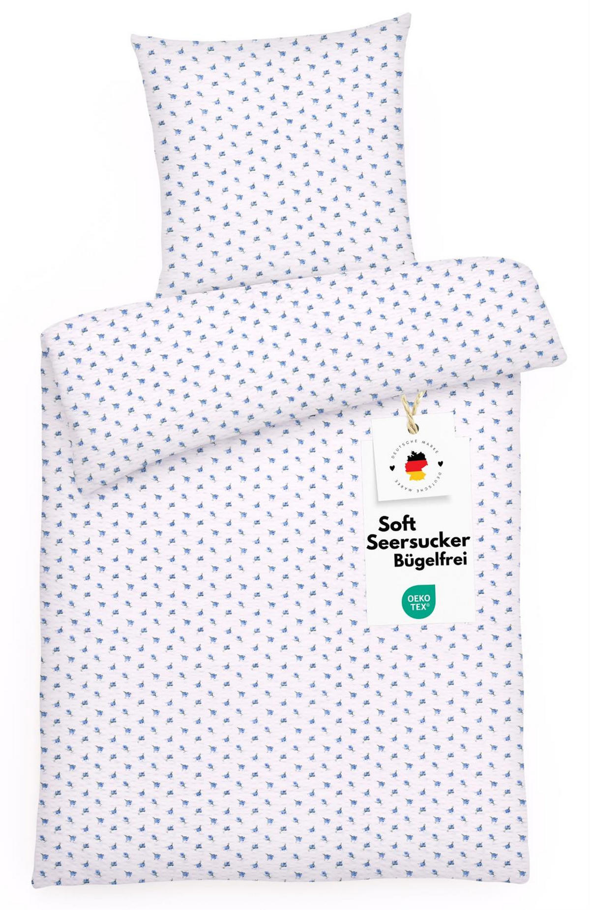 SEERSUCKER-BETTWÄSCHE 135x200 geblümt Sommer Bettbezug Bügelfrei aus 100% Baumwolle, Bettbezüge Blumen Rosen Muster Blau - Weiß, Textil (135/200cm) - Carpe Sonno
