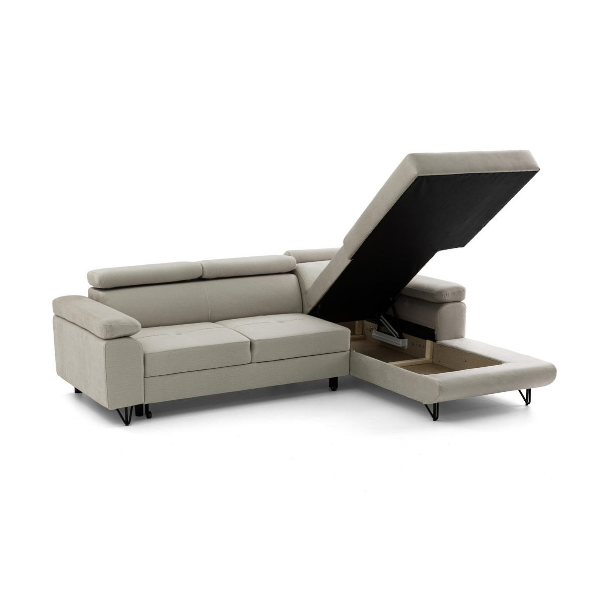 ECKSOFA NORIS L Rechts mit Schlaffunktion 128x203 Velours Beige - Beige/Schwarz, Holz/Textil (183/250cm) - Muffo