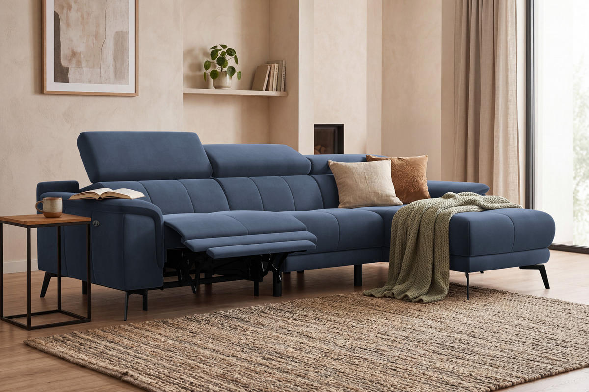 ECKSOFA FIERO 4-Sitzer RECHTS, Marineblauer Veloursstoff - Blau/Schwarz, Holz/Textil (288/170cm) - Courtois Laville