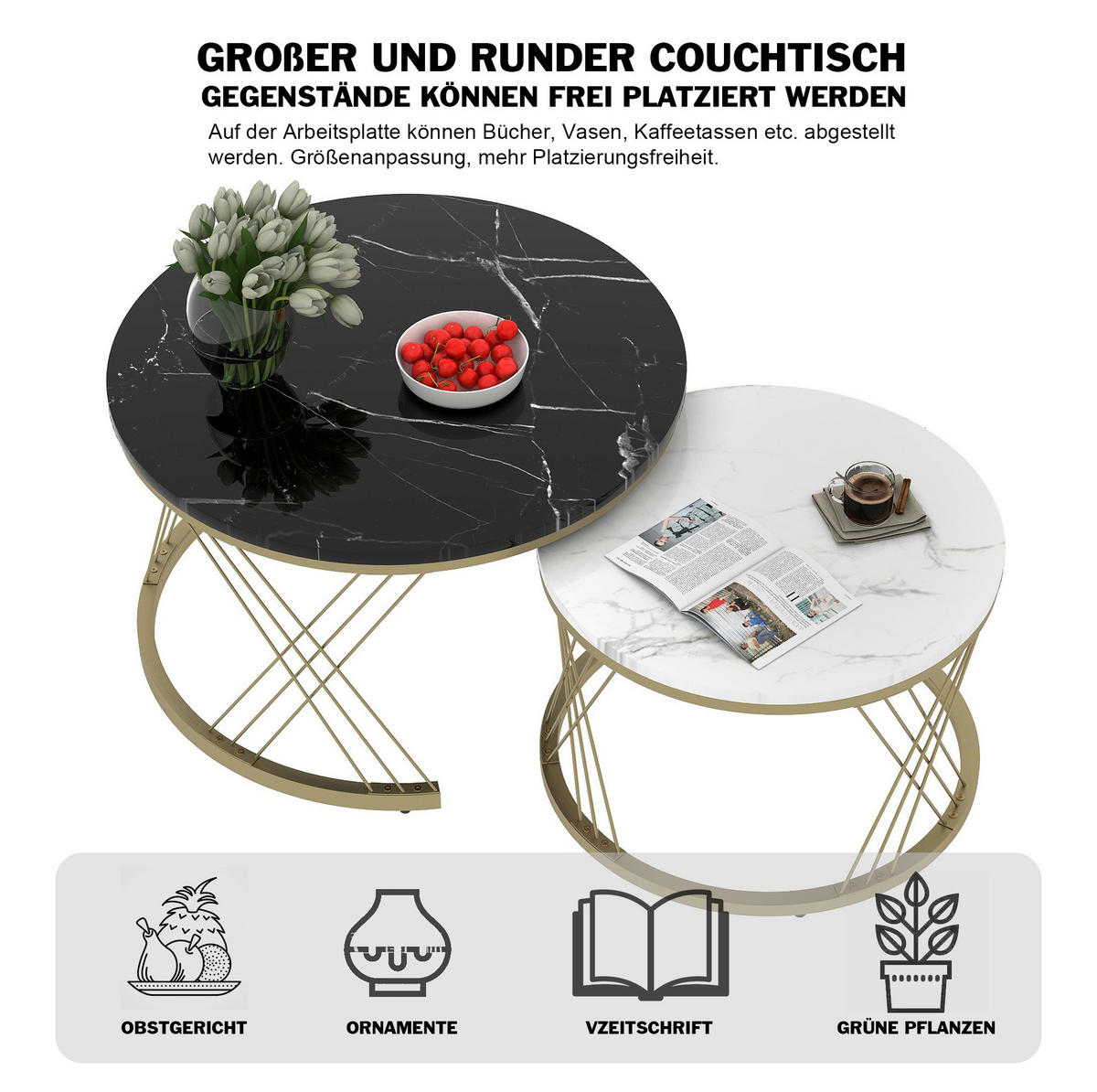 COUCHTISCH-SET 70/70/45 cm, 2-teilig ineinanderschiebbar mit Marmormuster und Metallgestell, Schwarz - Schwarz, Holzwerkstoff (70/70/45cm) - Redom