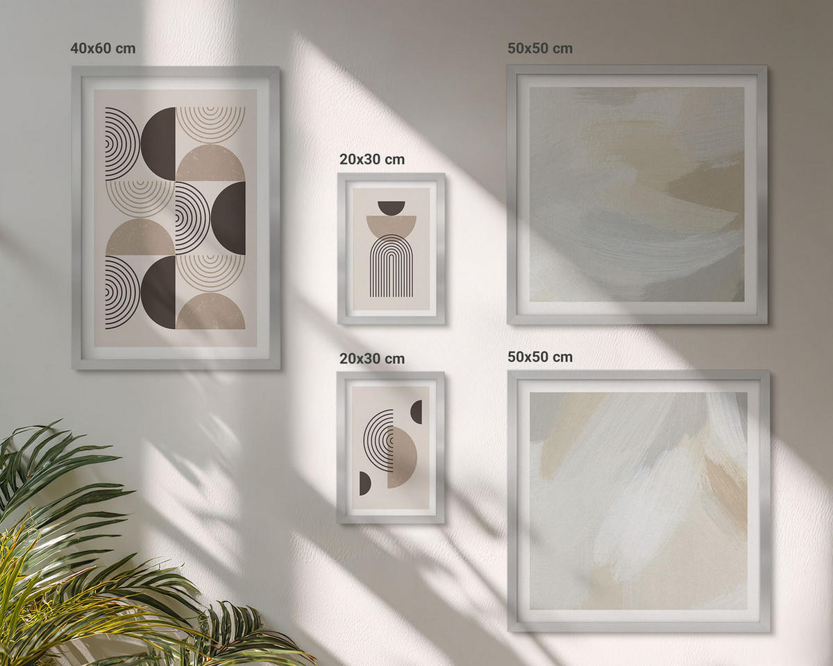 BILDER SET 5er Set - 50x50 cm & 20x30 cm & 40x60 cm Silberner Rahmen - Abstrakte geometrische Muster - Silberfarben, Kunststoff (40/60cm) - TULUP