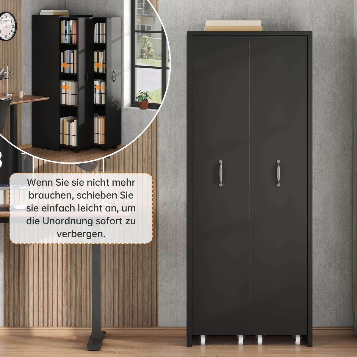 BÜCHERREGAL mit Rollen 4 Ebenen Erweiterbar MDF Modern - Schwarz, Holzwerkstoff (51.5/158/41cm) - FLIEKS