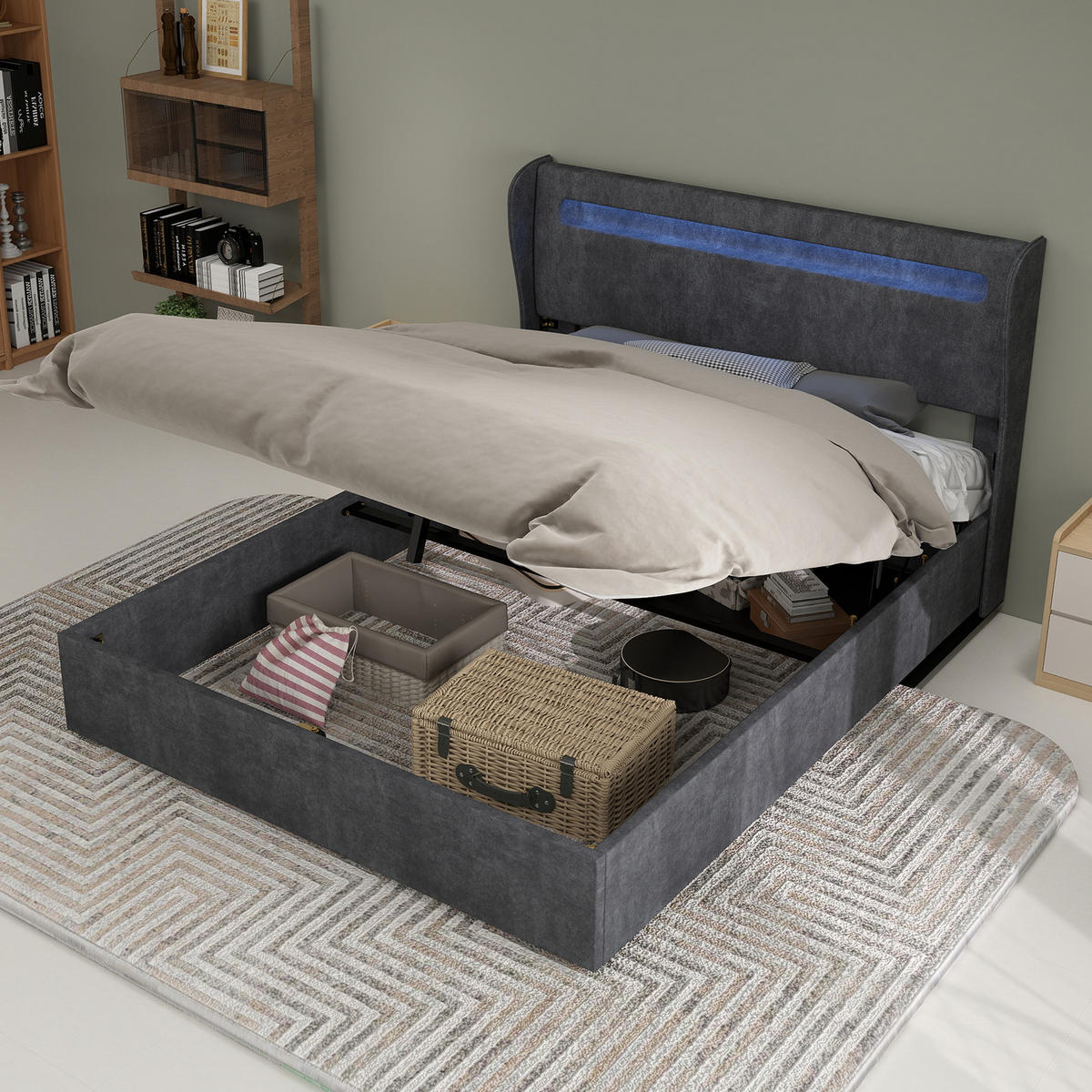 POLSTERBETT 140x200 cm LED Stauraum grau - Grau, Textil (140/200cm) - LEBENLANG