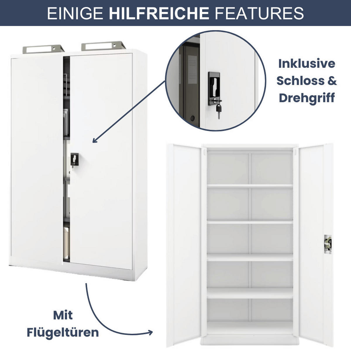 AKTENSCHRANK abschließbar KADO mit Flügeltüren 185x115x40cm Weiß - Weiß, Metall (115/185/40cm) - DELUKE